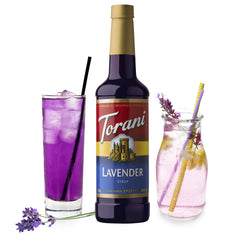 Torani lavender latte with foam art illustrating floral flavor enhancing coffee