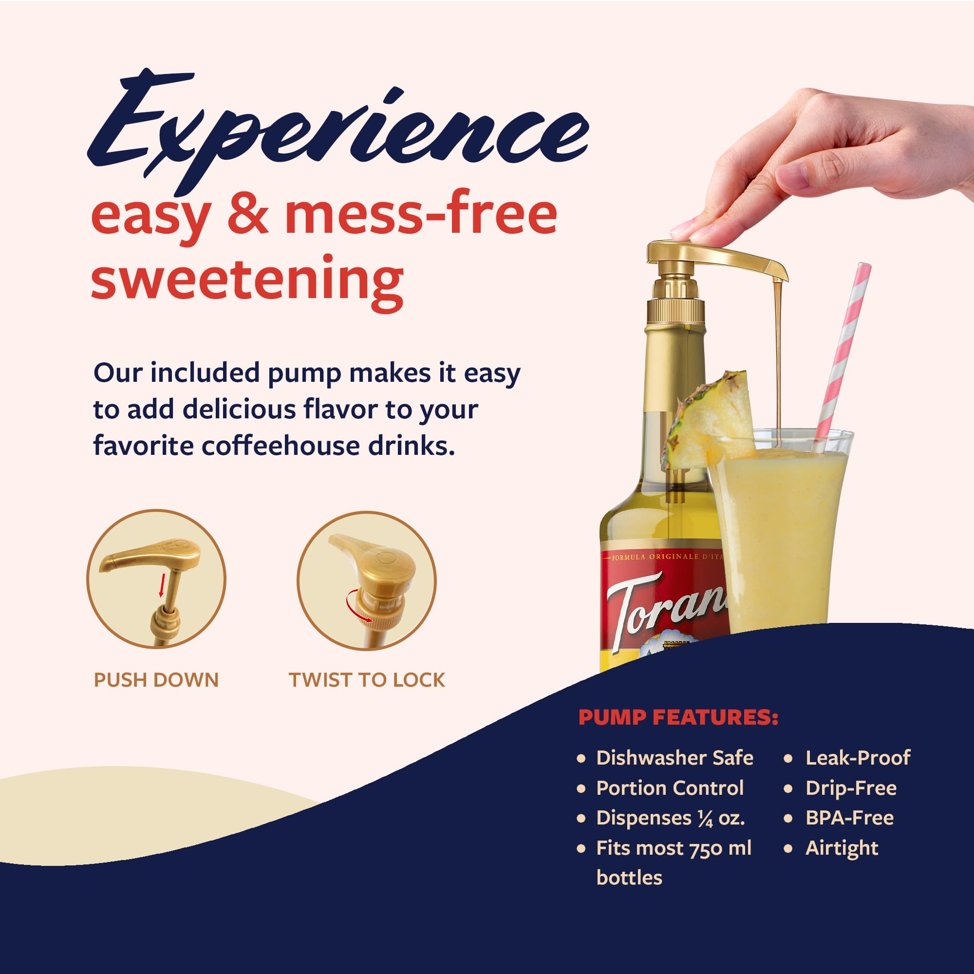 Pouring Torani pineapple syrup into an iced glass for quick drink sweetening