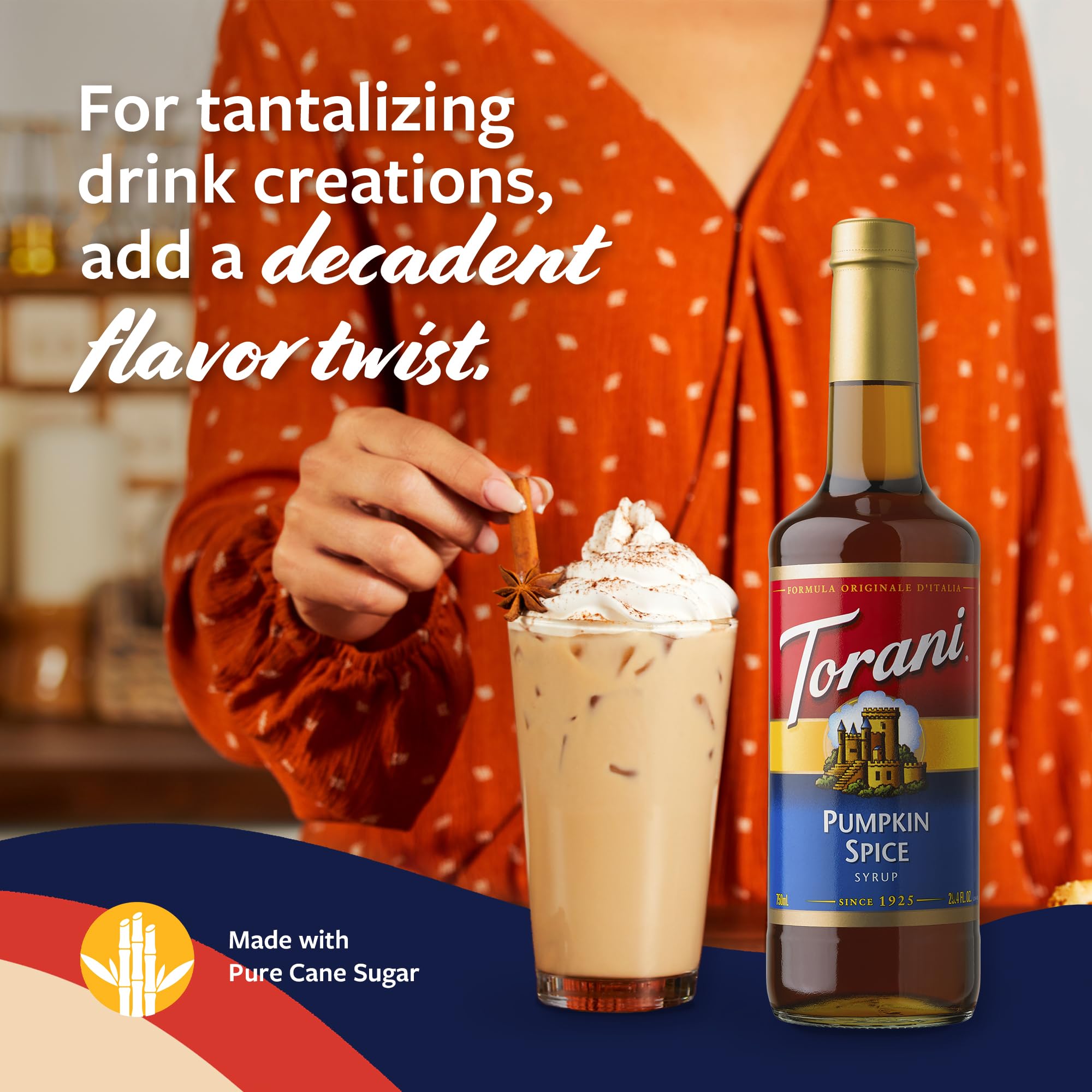 Torani latte top view with syrup-enhanced foam delivering warm aroma
