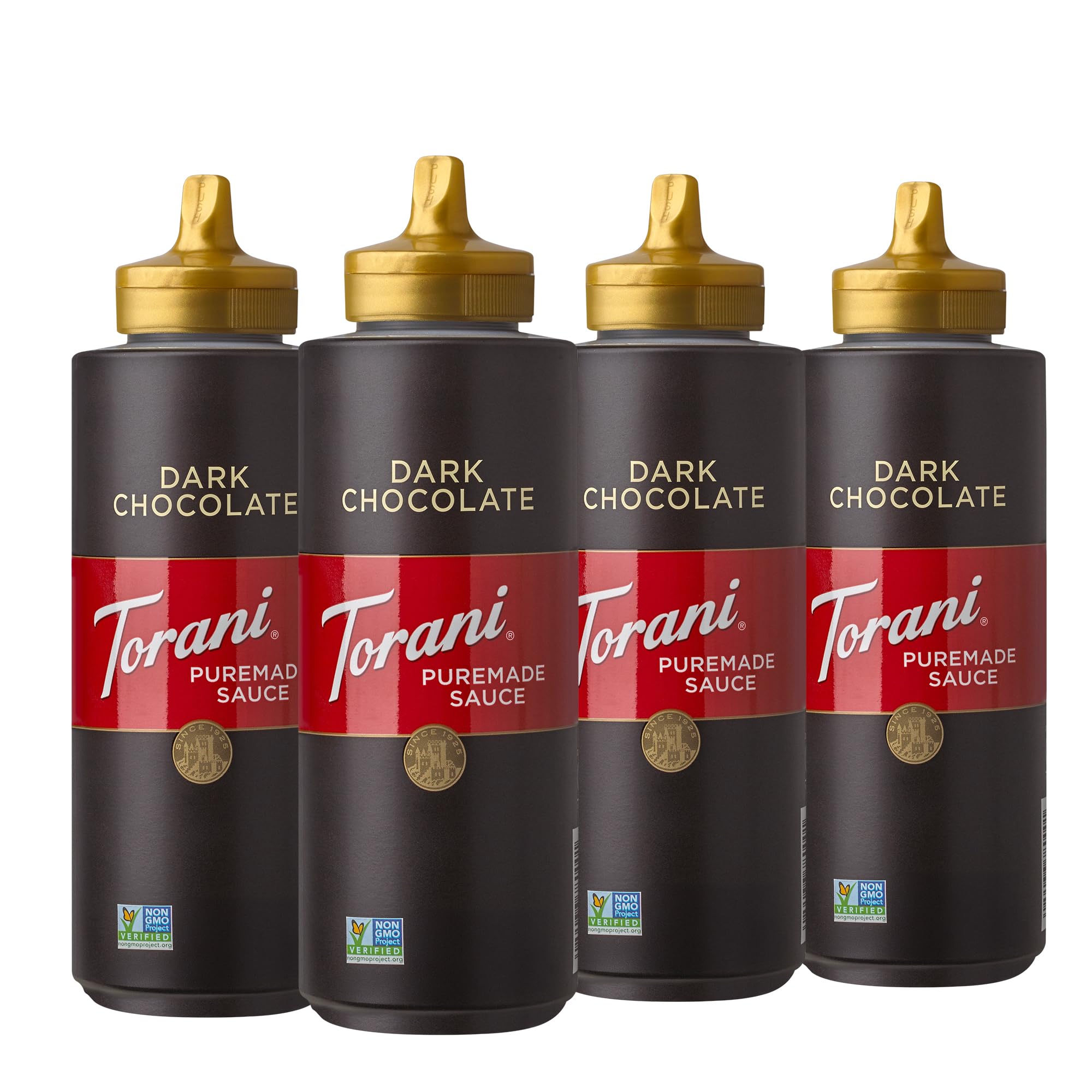 Torani Puremade dark chocolate bottle front view showing label and volume, highlights premium quality