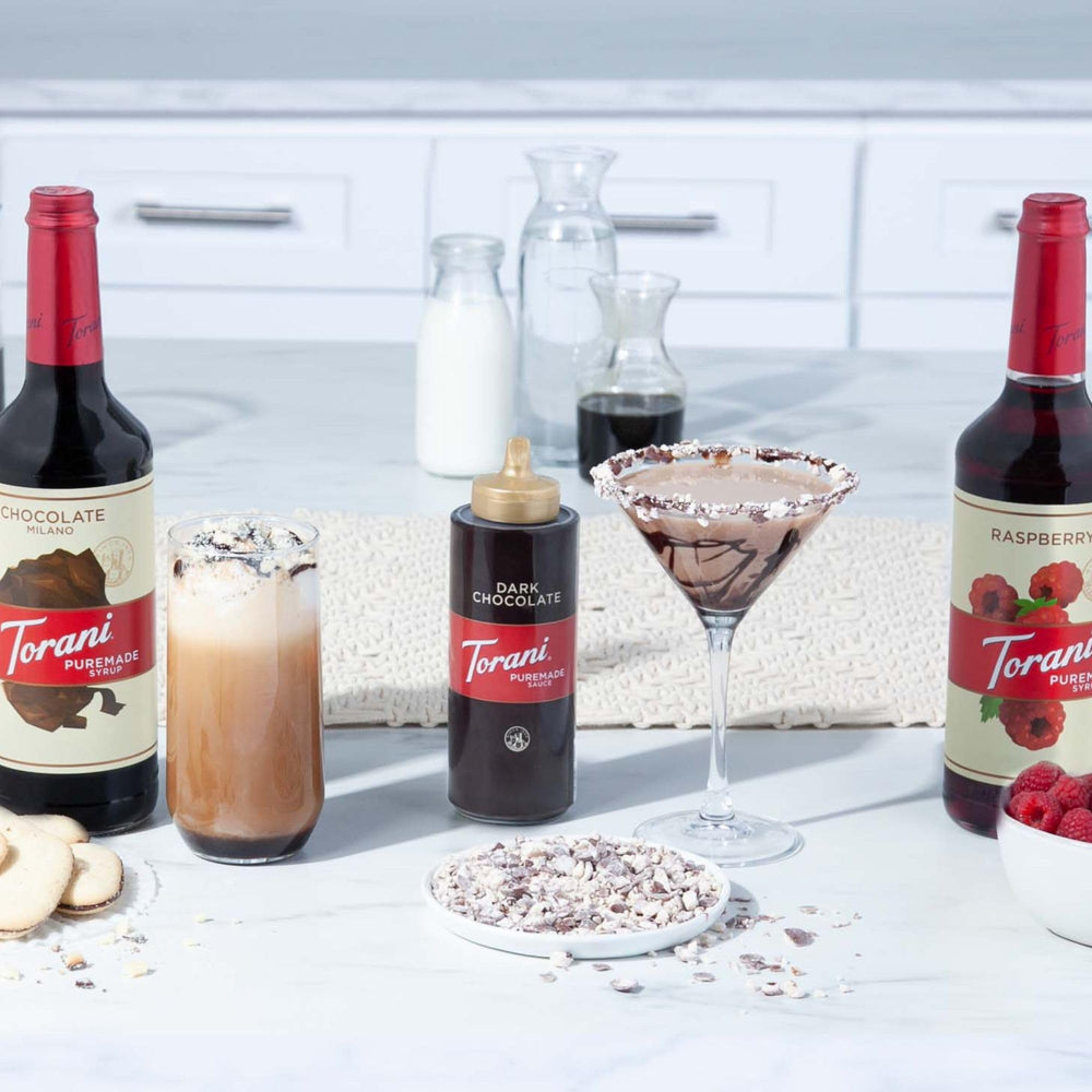 Torani Puremade dark chocolate sauce pouring, showing thick texture and easy mixing benefit