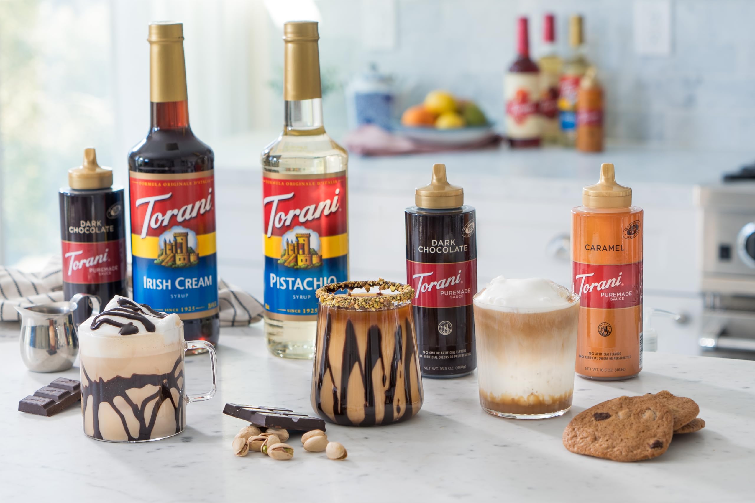 Torani Puremade dark chocolate next to a measuring cup and glass for portion and scale clarity