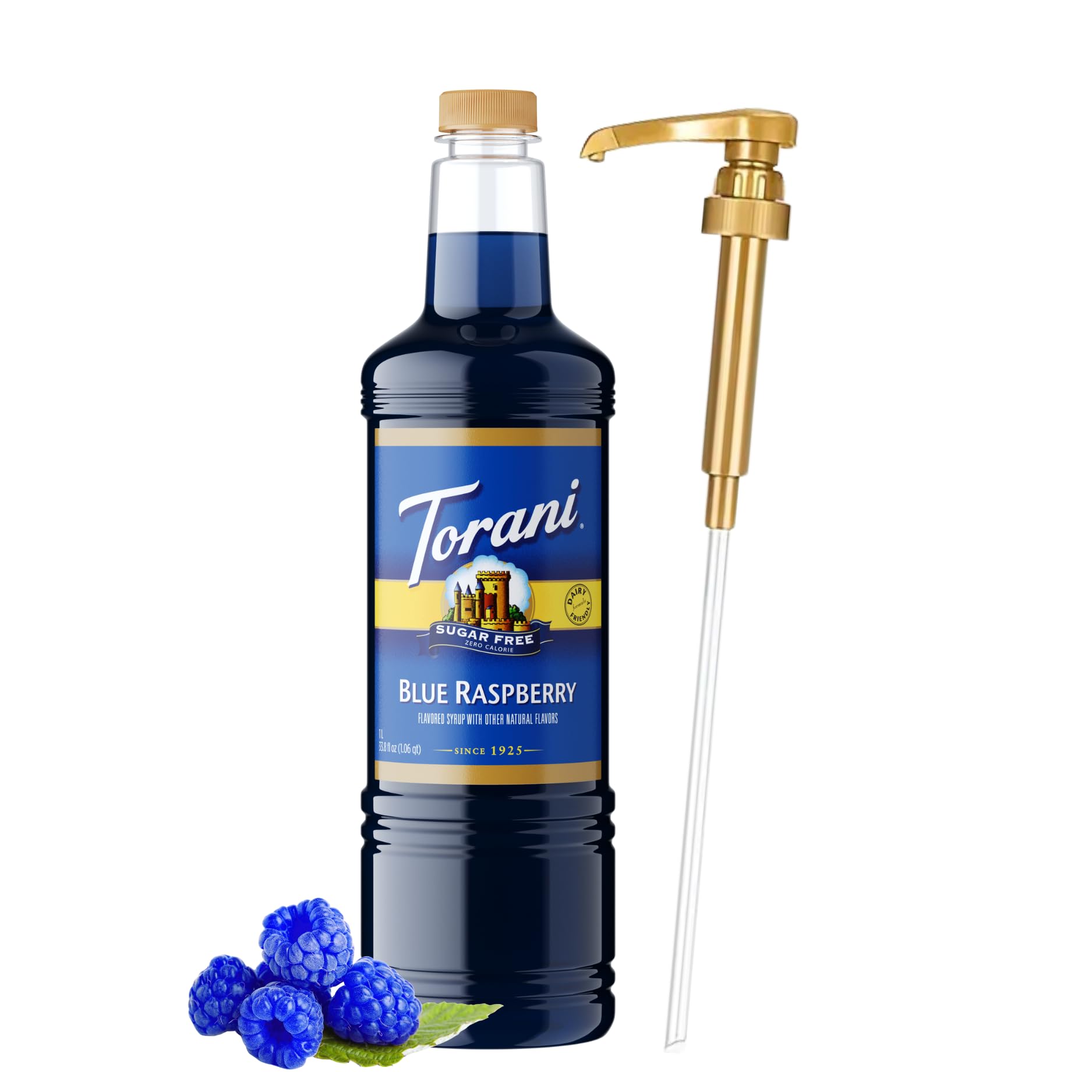 Torani bottle front view showing blue raspberry flavor and large 1L size benefit