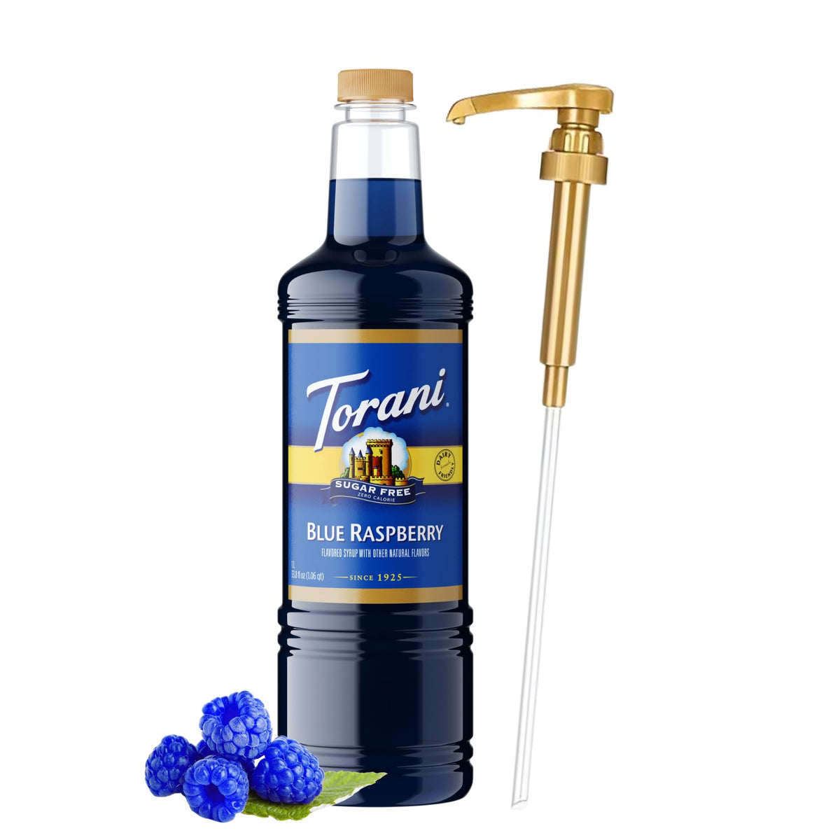 Torani bottle front view showing blue raspberry flavor and large 1L size benefit