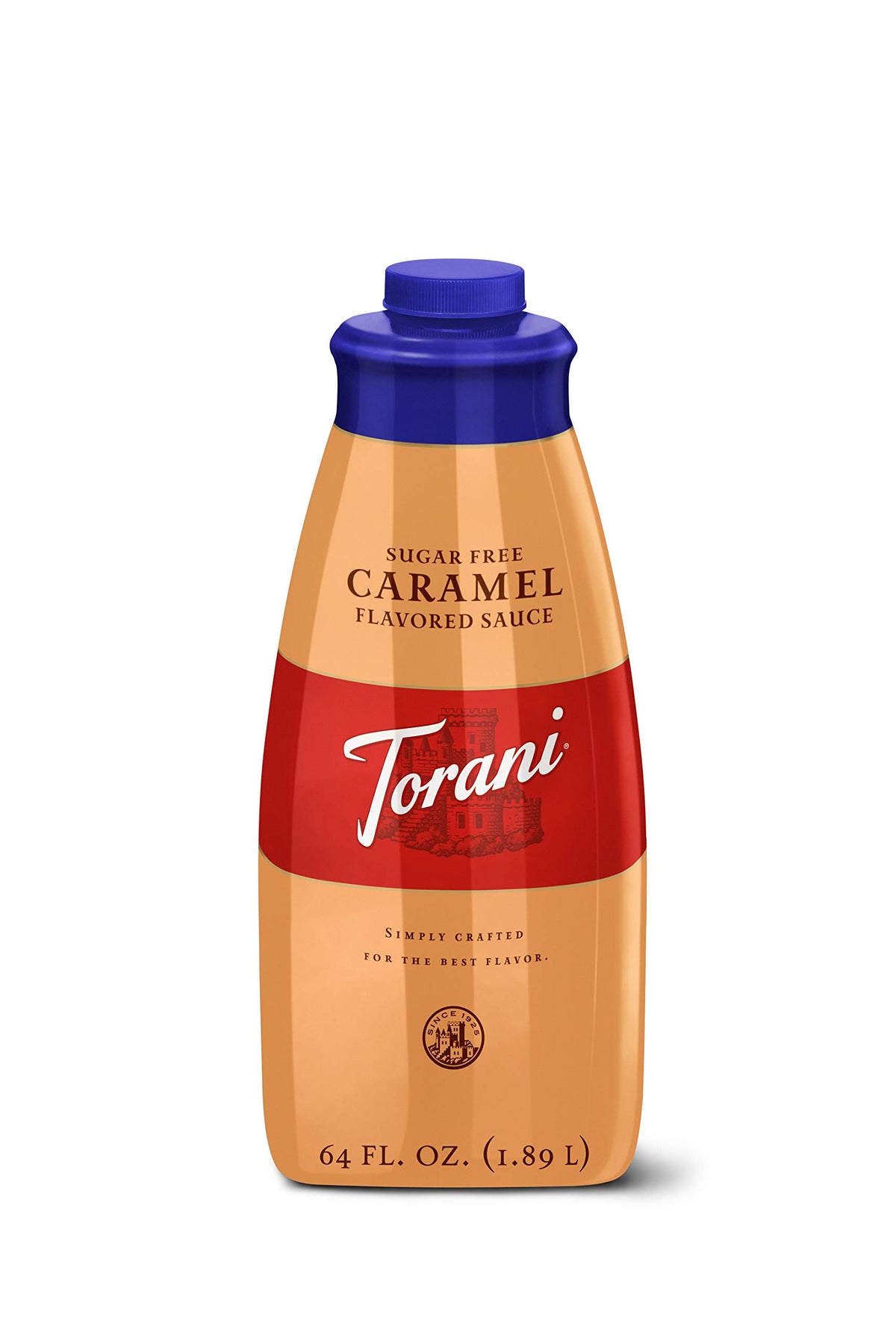 Torani sugar free caramel front packaging shows large 64 fl oz bottle for busy cafés