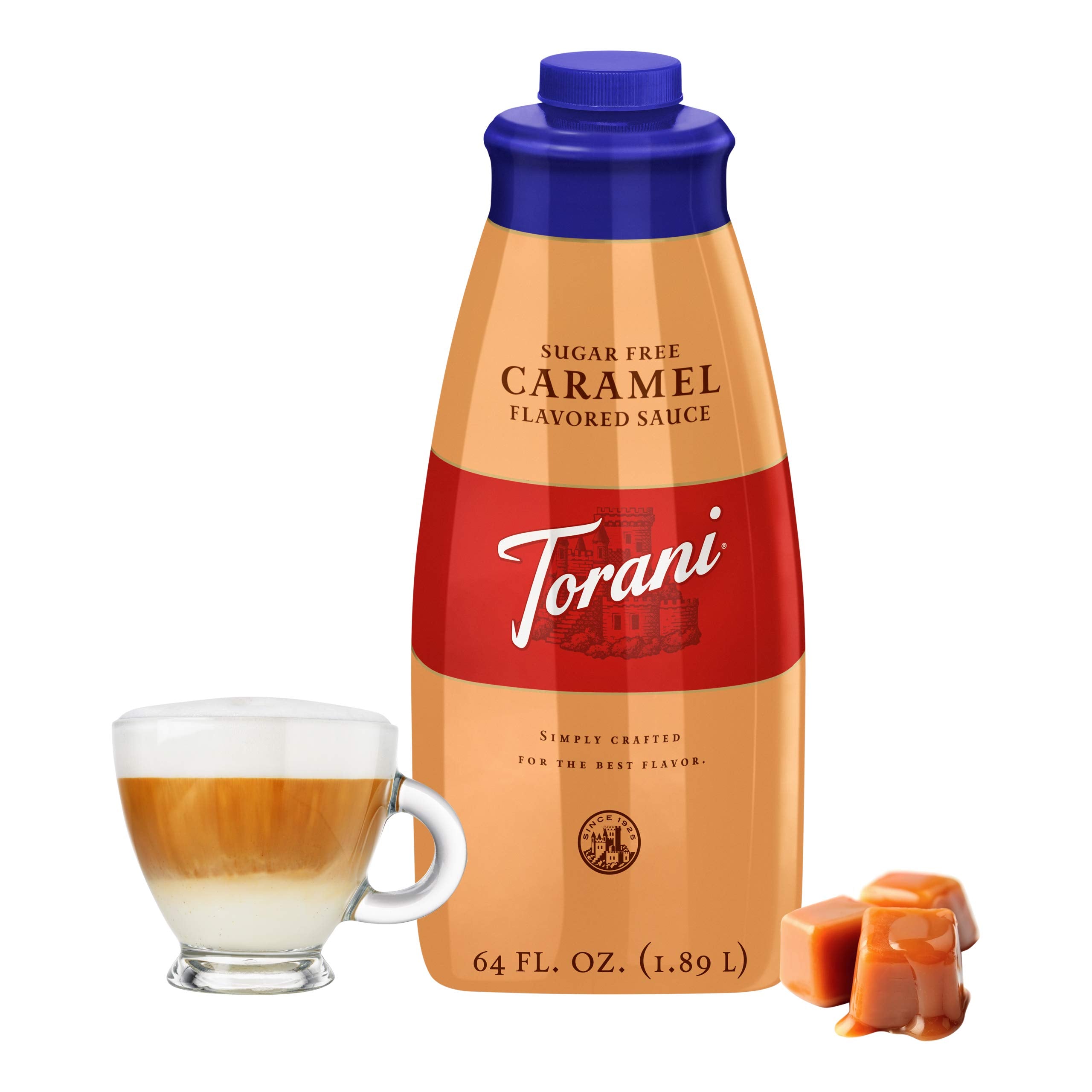 Torani sugar free caramel pour closeup showing smooth texture and reduced calories benefit