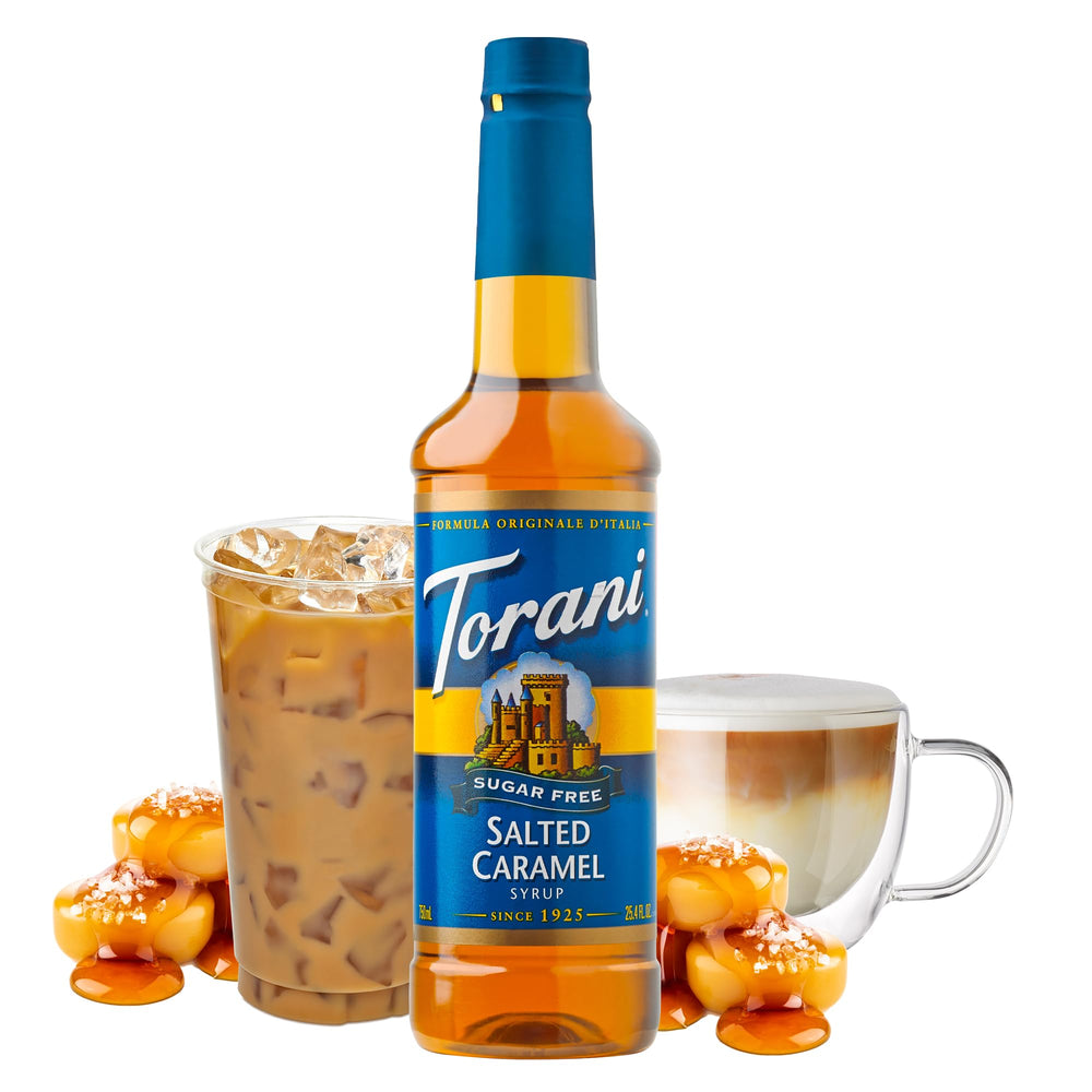 Torani sugar free salted caramel pour closeup showing texture and easy mixing benefit
