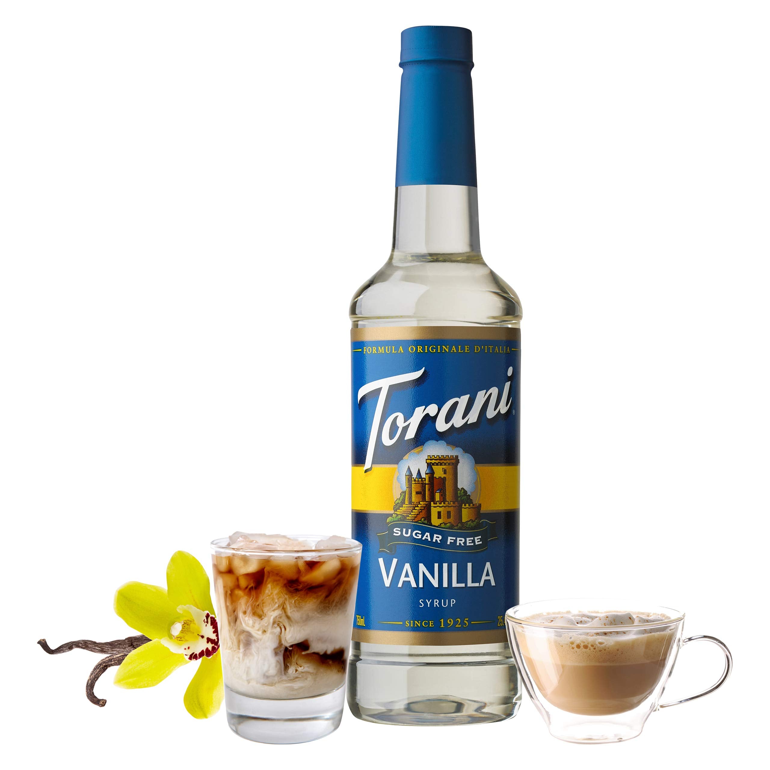 Torani sugar free vanilla label detail highlighting ingredients and brand for trustworthy flavor choice