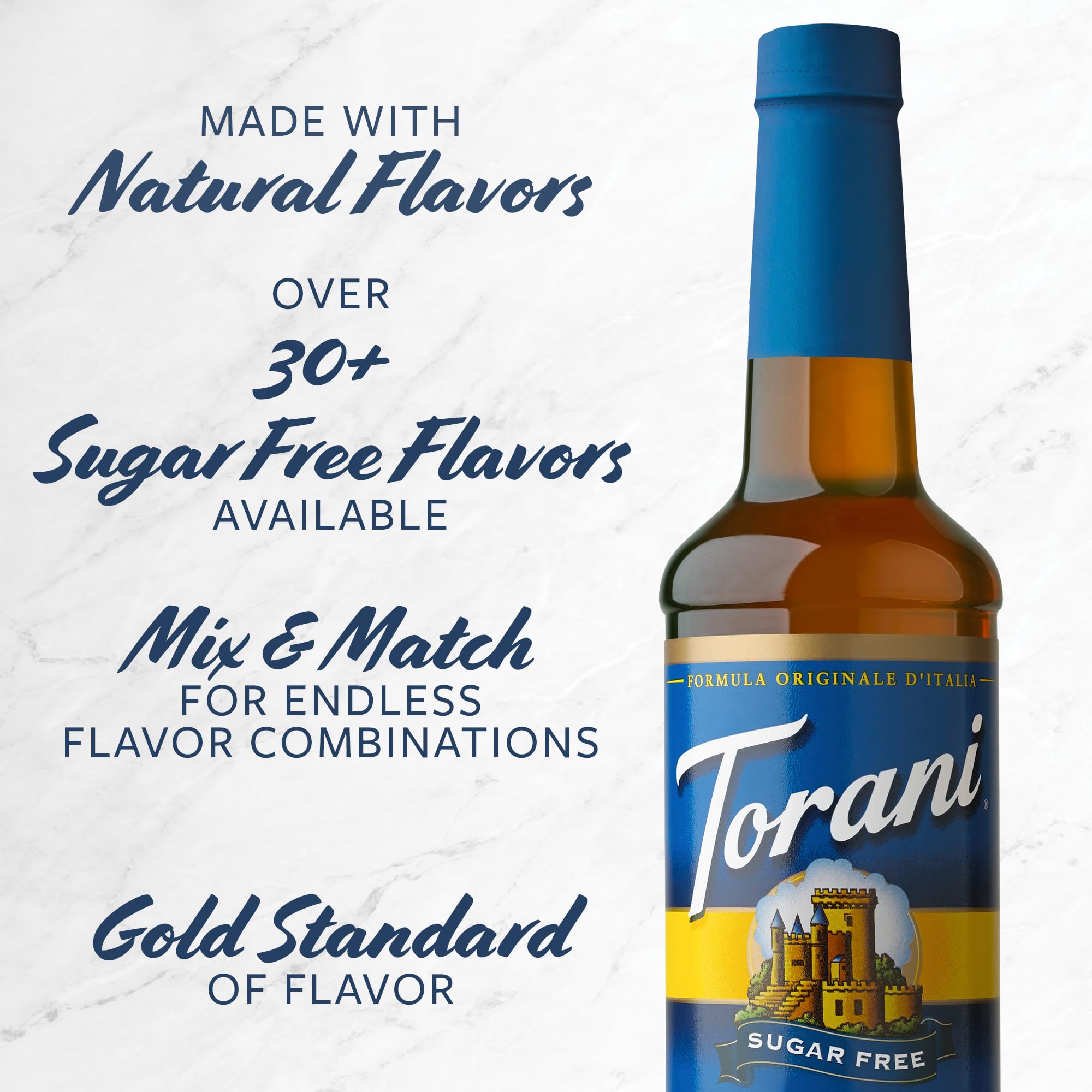 Torani sugar free vanilla four-pack stacked to show bulk supply for busy homes or small cafés
