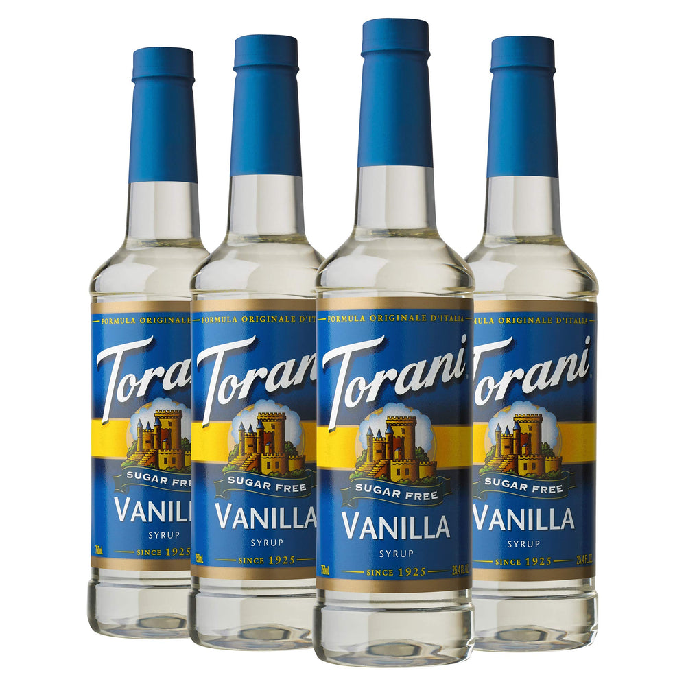 Torani sugar free vanilla front packaging showing bottle and label for clear identification and convenience