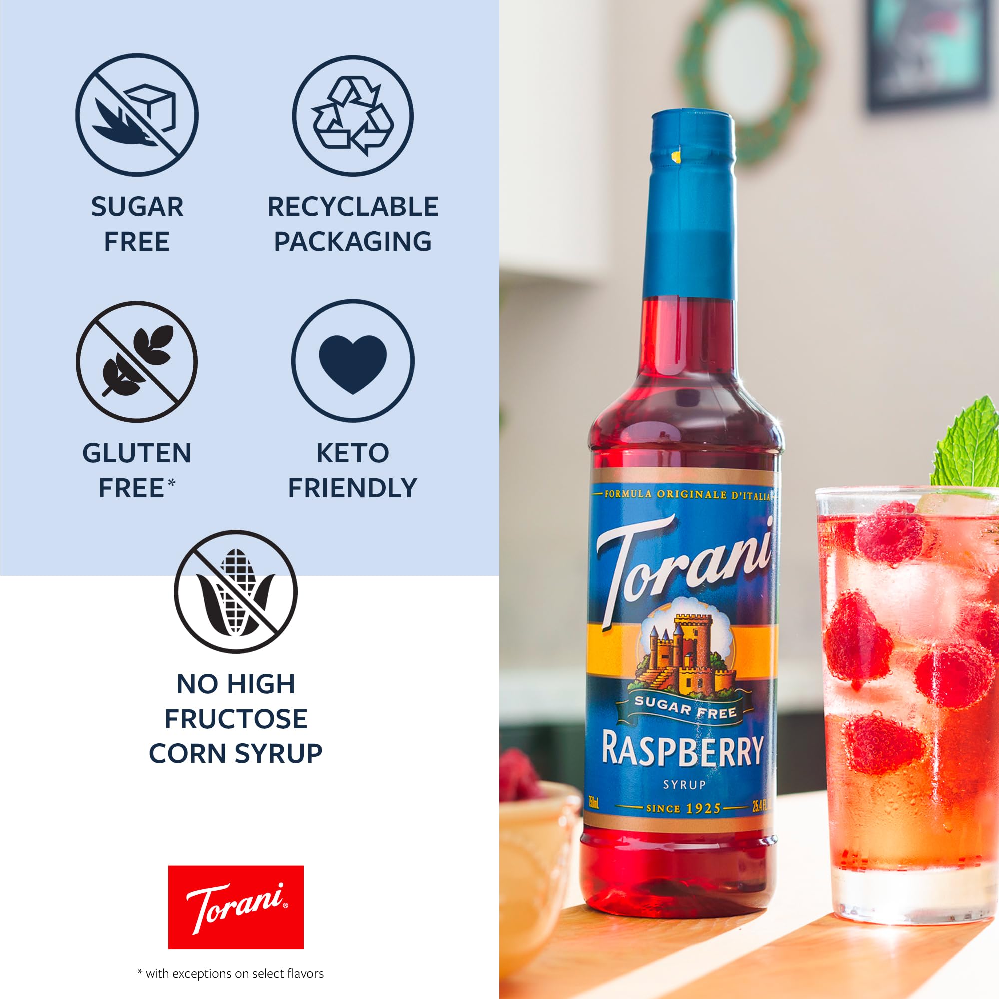 Torani sugar free vanilla ingredients panel closeup emphasizing natural flavors and keto-friendly attributes
