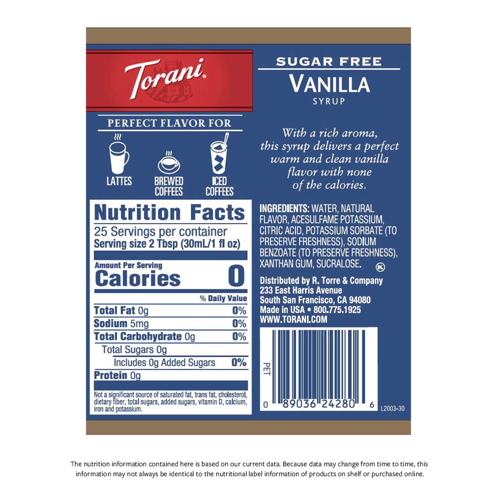 Torani sugar free vanilla syrup pouring closeup showing texture and easy dosing for precise flavoring