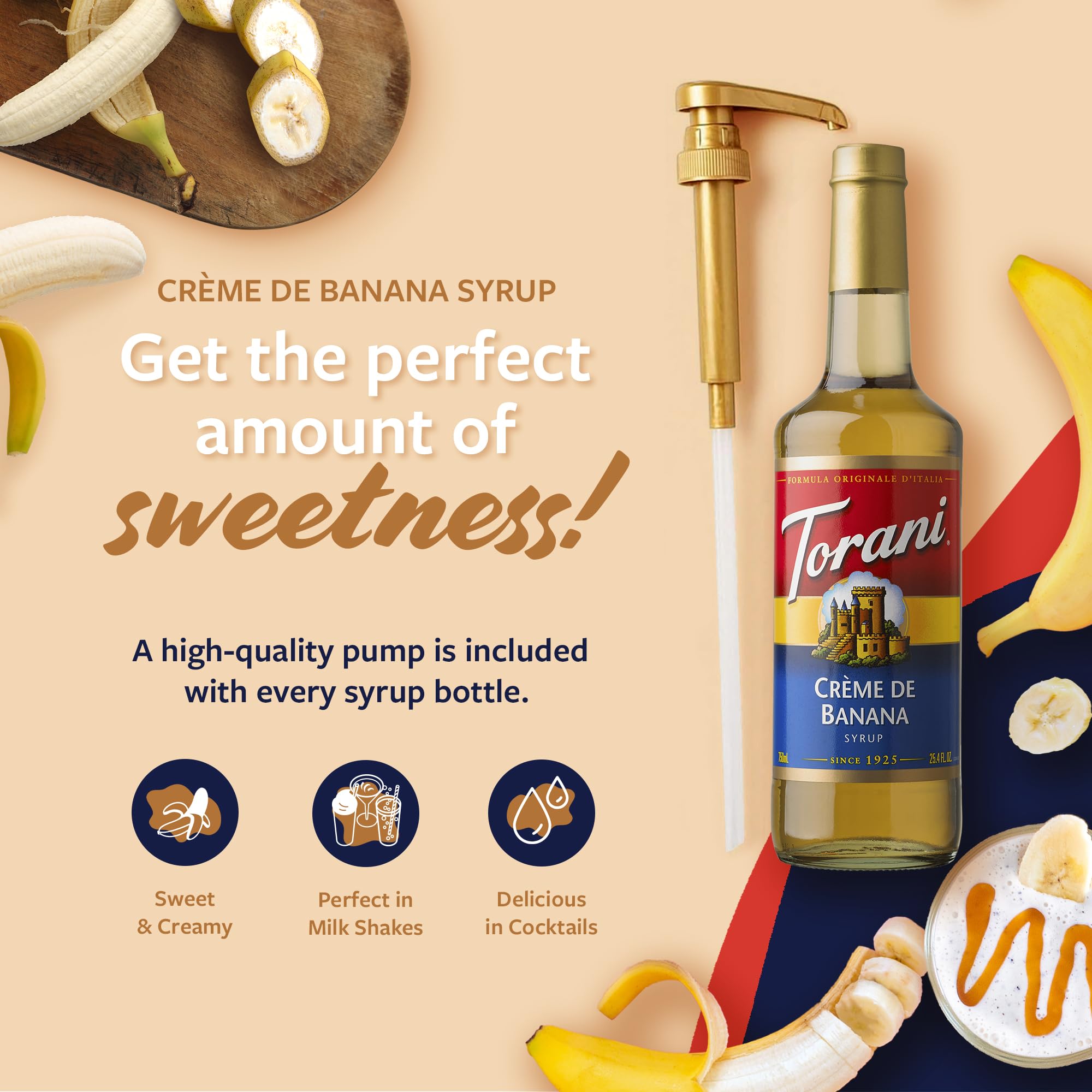 Close-up of Torani Crème de Banana syrup texture, shows smooth viscosity for easy mixing