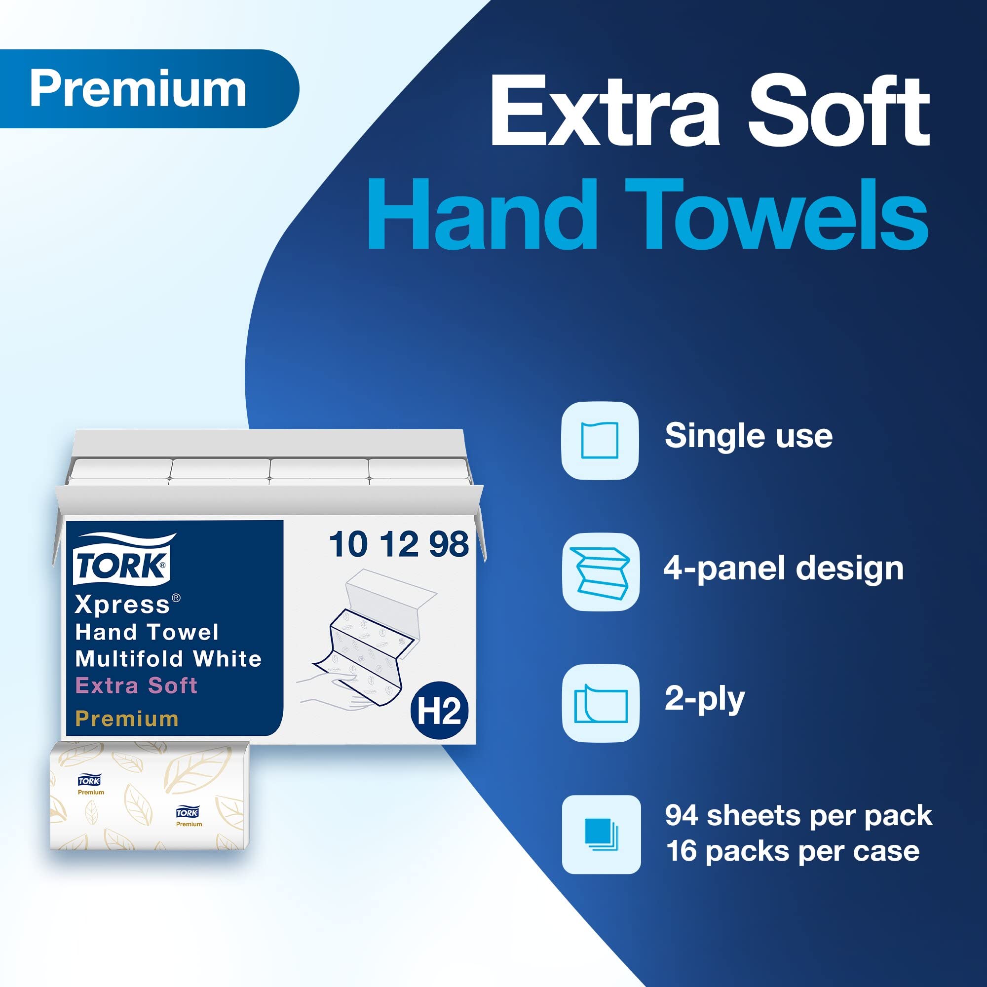 Folded Tork towel next to a ruler showing size and fewer towels needed per dry