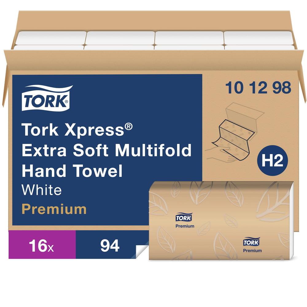 Tork front packaging with blue leaf print showing pack count and benefit of soft absorbency