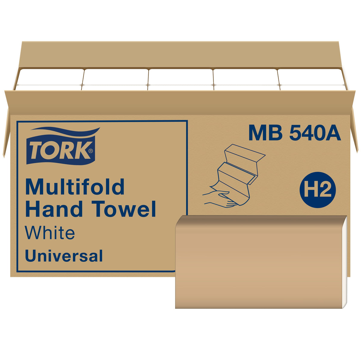 tork front packaging shows multifold towel packs and clear branding benefits storage