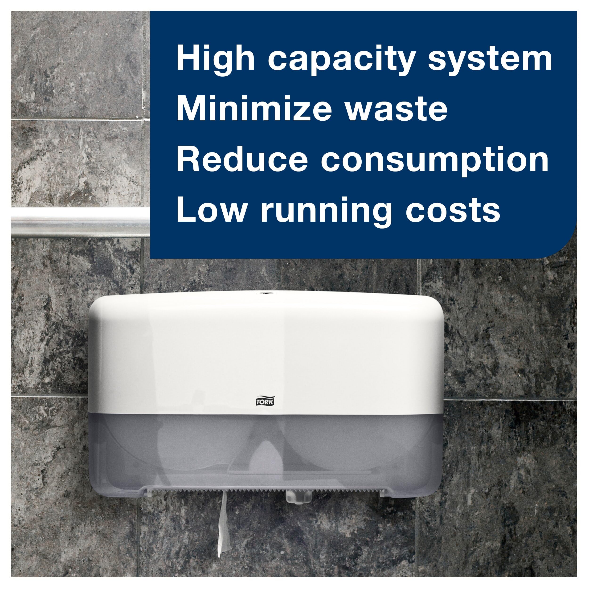 Tork roll installed in T2 dispenser demonstrating neat, secure dispensing