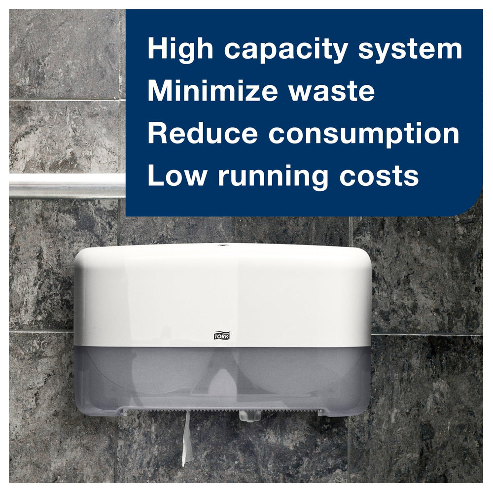 Tork roll installed in T2 dispenser demonstrating neat, secure dispensing