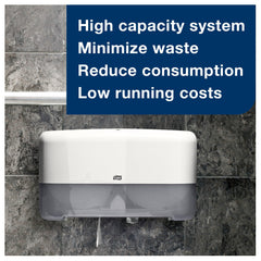Tork roll installed in T2 dispenser demonstrating neat, secure dispensing