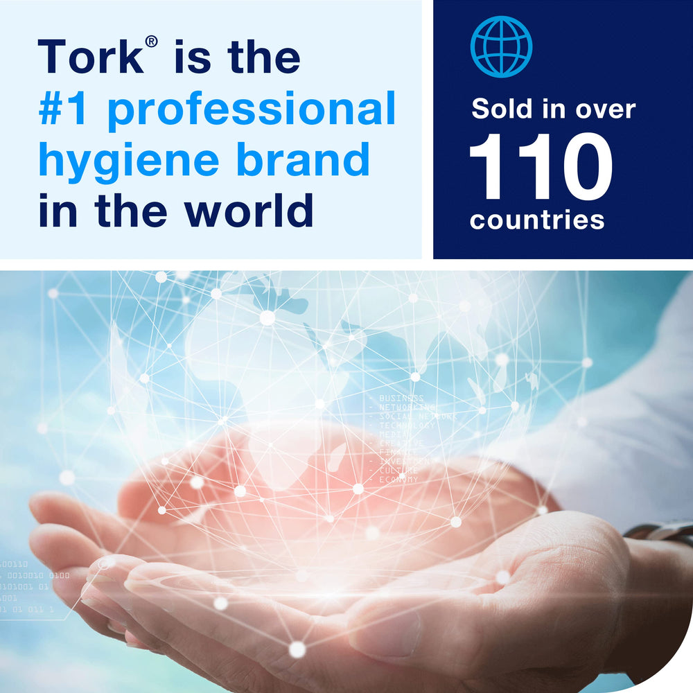 Public restroom scene with Tork rolls showing reliable supply in use