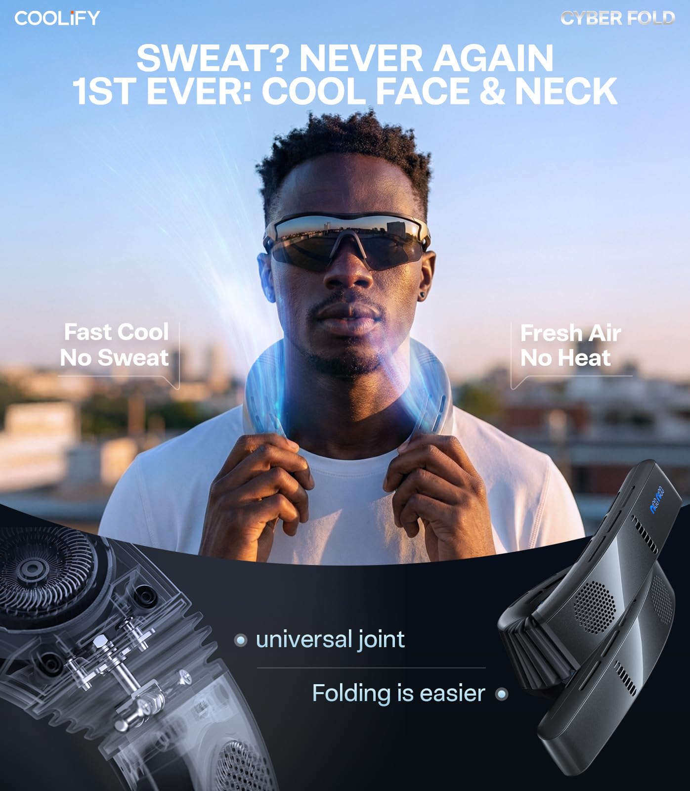 TORRAS COOLiFY 2026 in use outdoors on a hot day providing focused face and neck cooling