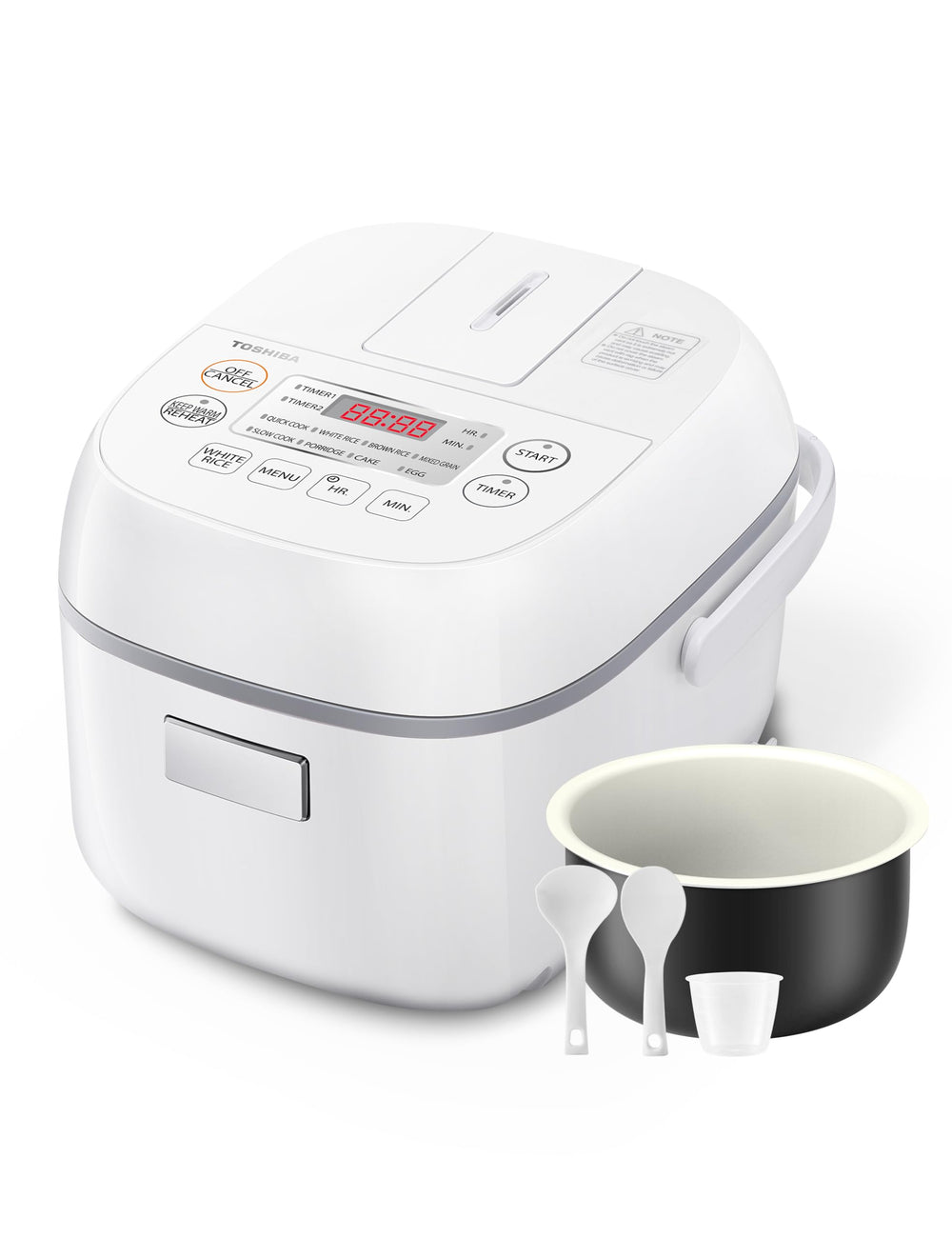 TOSHIBA front view showing compact white cooker and lid, ideal for small kitchens