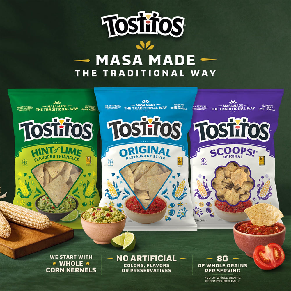 Hand holding Tostitos chip and dip set, easy single-serve portability showcased