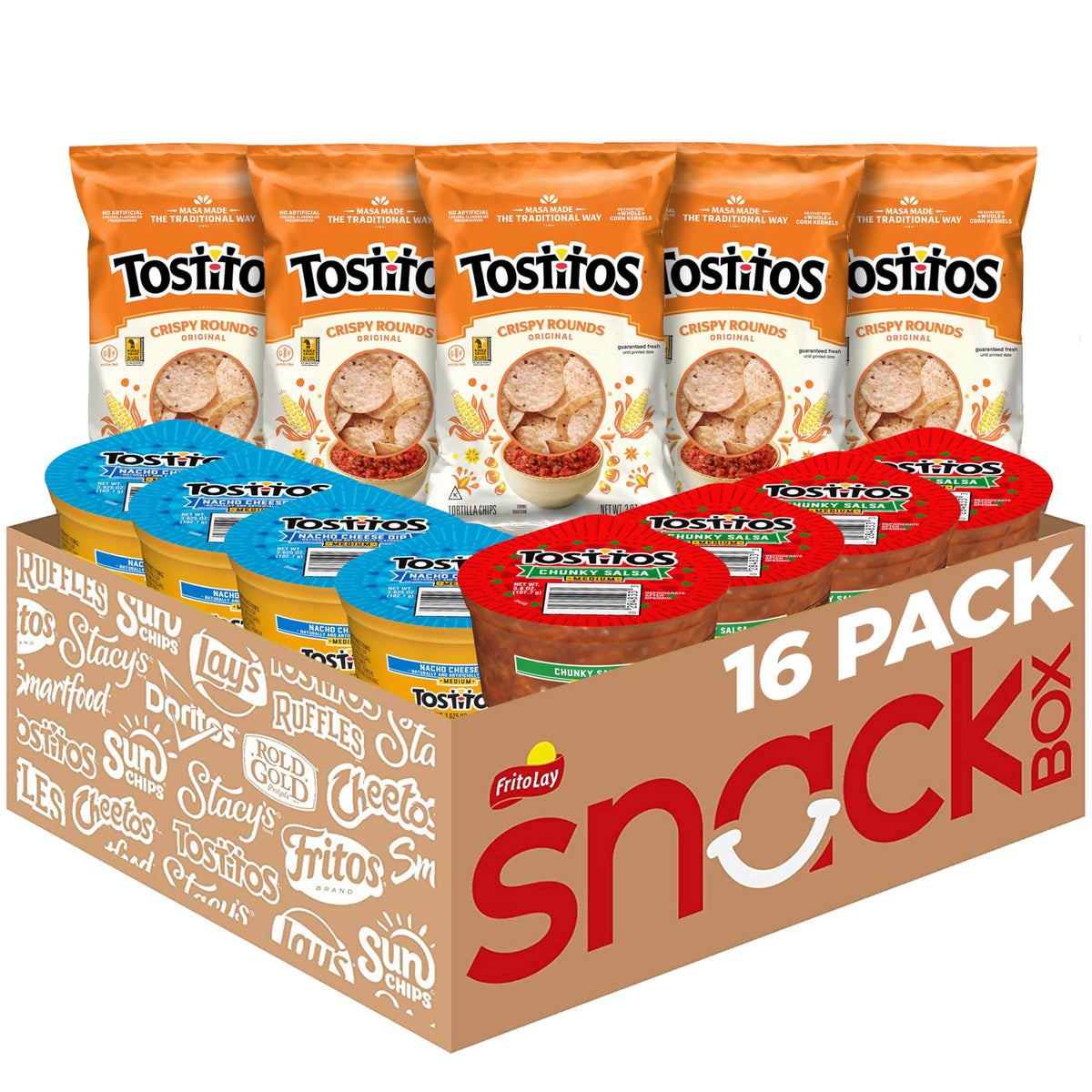 Tostitos front packaging showing chip and dip set, convenient grab-and-go snack