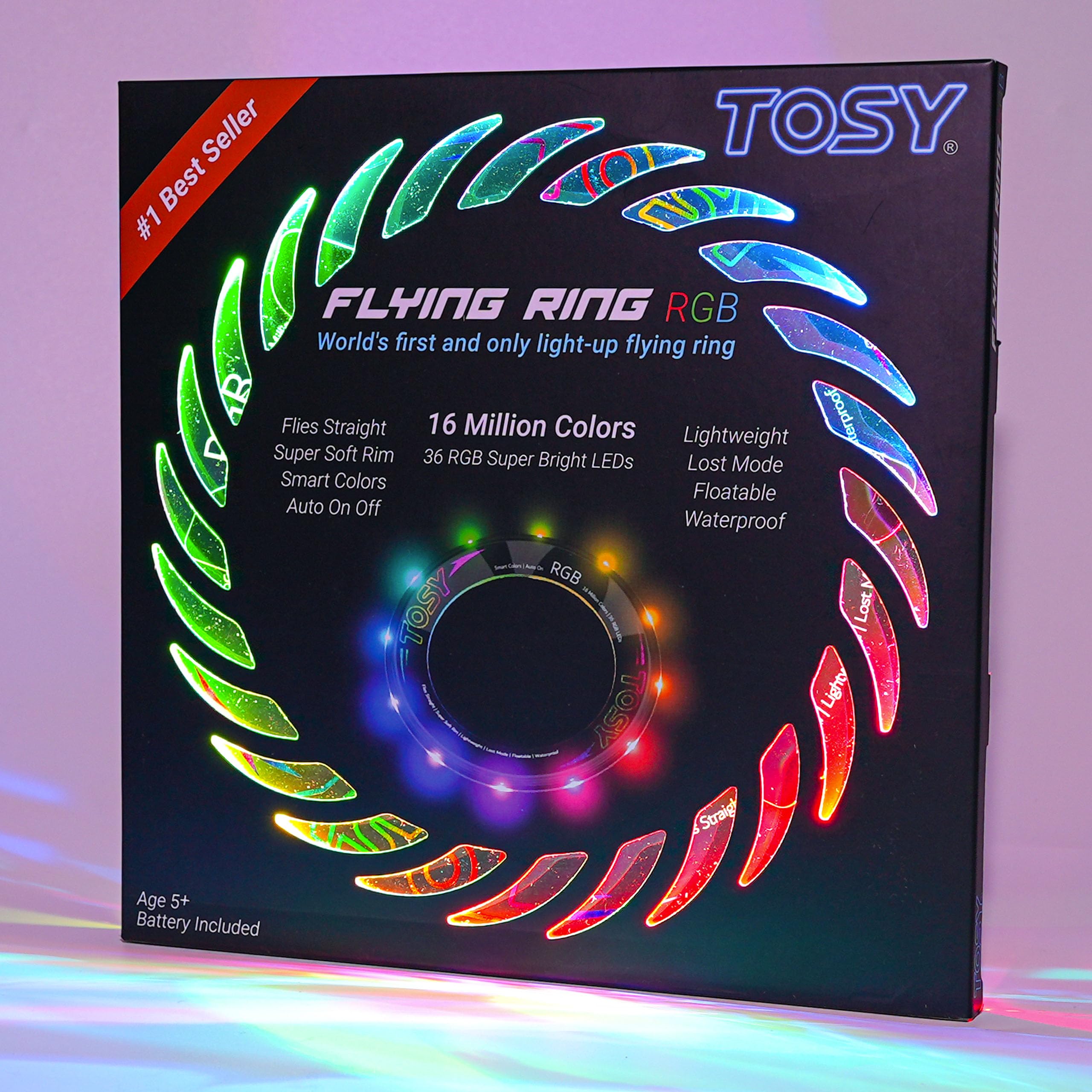 TOSY Flying Ring front packaging showing features and LED brightness benefits