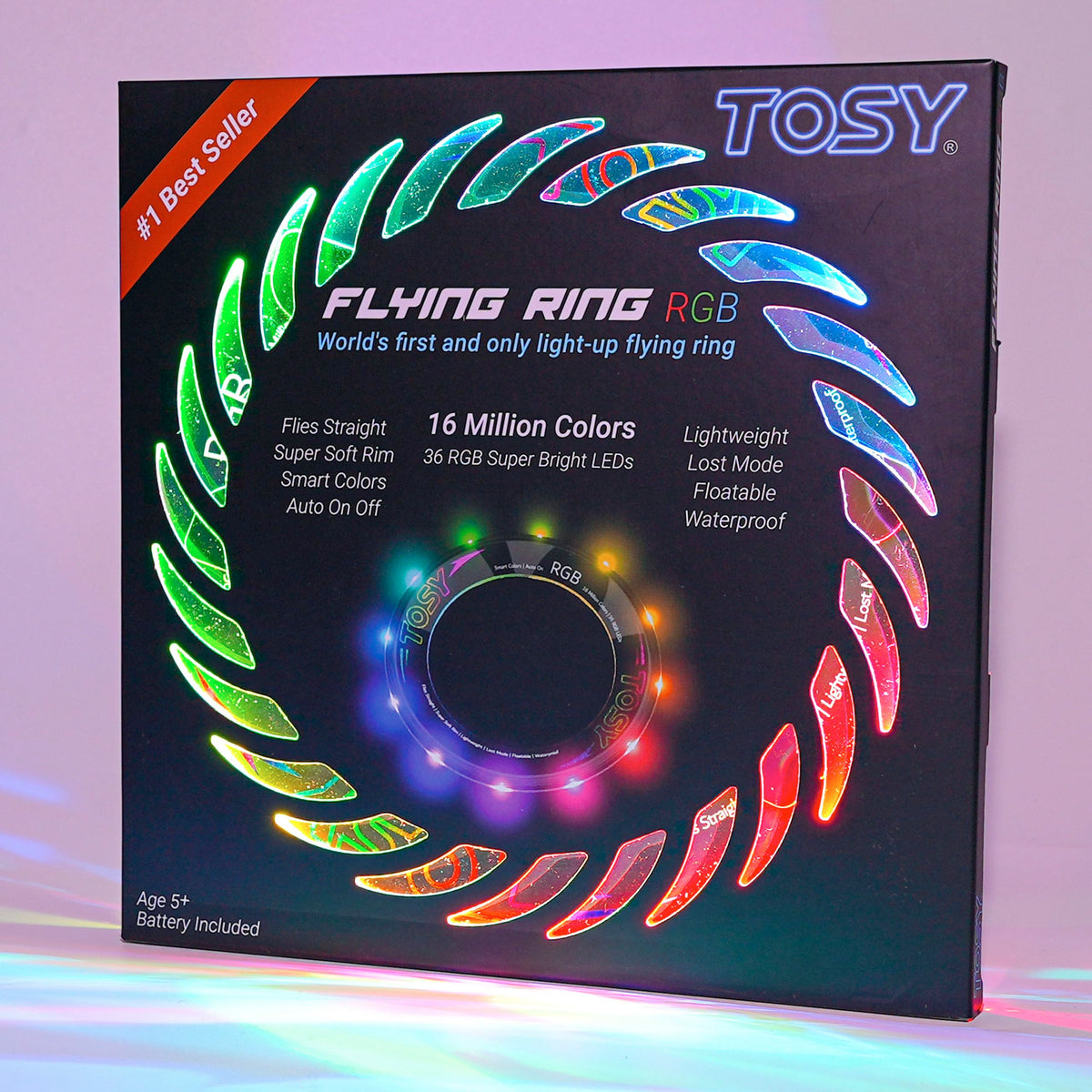 TOSY Flying Ring front packaging showing features and LED brightness benefits