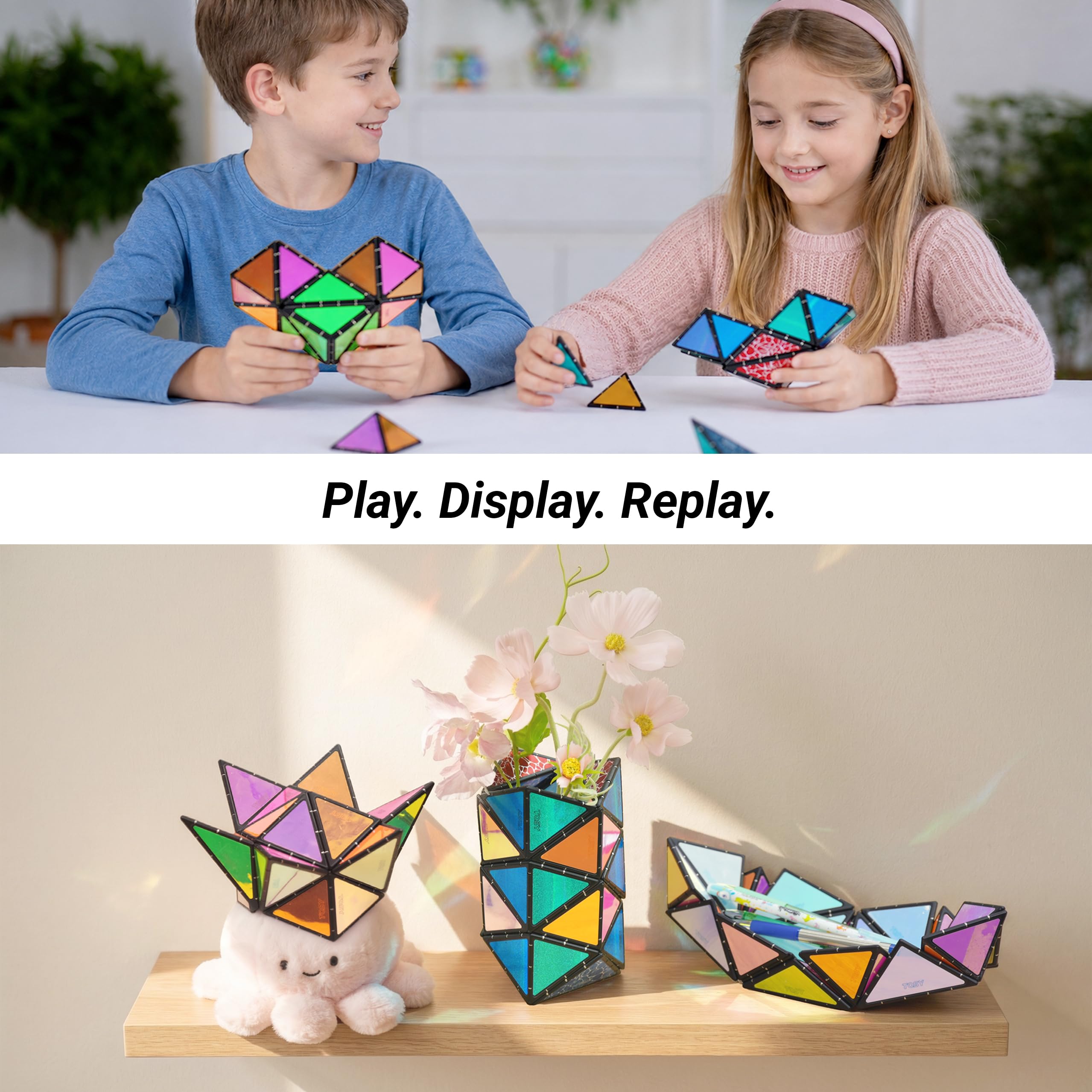 TOSY Magnet Pyramid connected with multiple cubes demonstrating expandability and scale