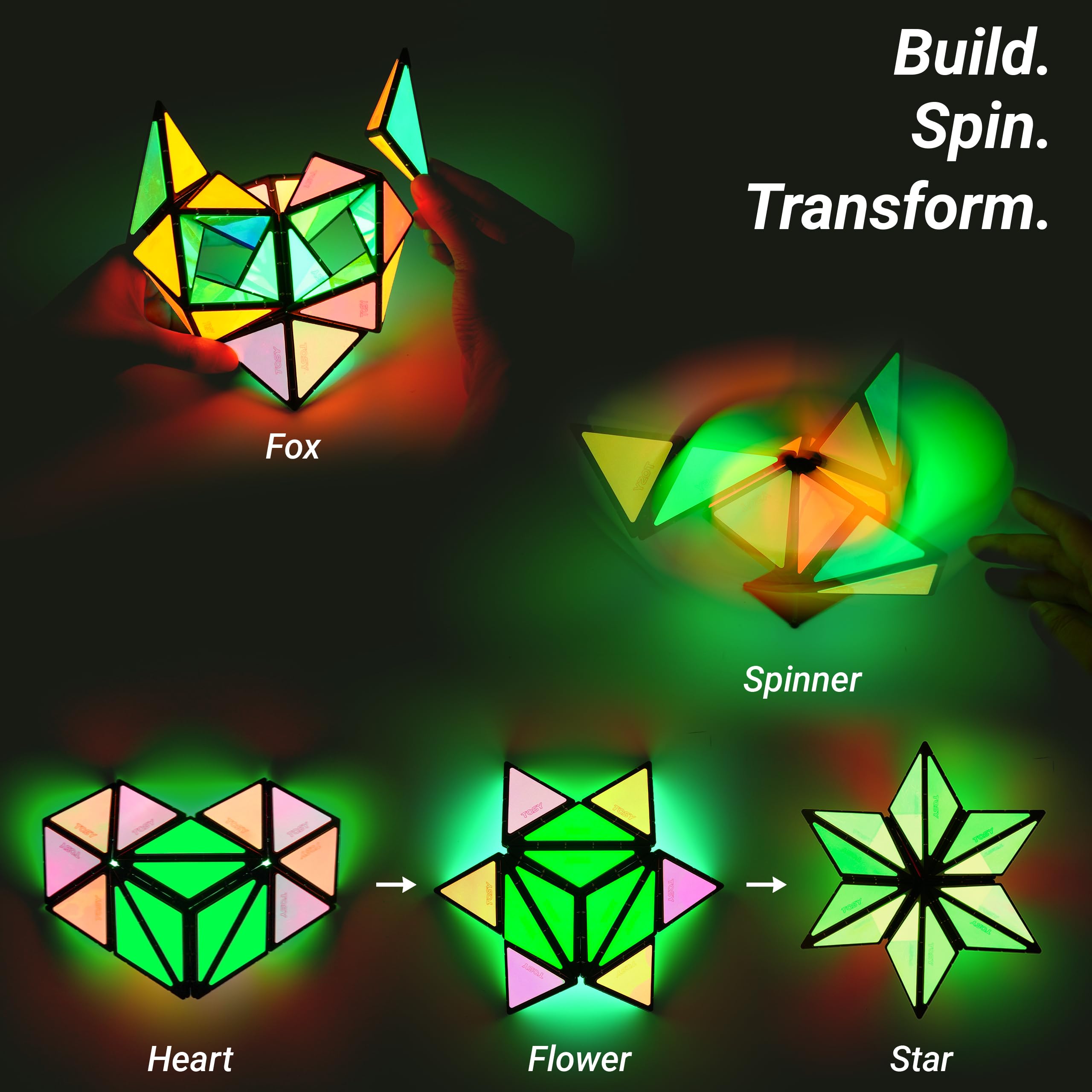 TOSY Magnet Pyramid UV flashlight in use charging holographic stickers for brighter glow