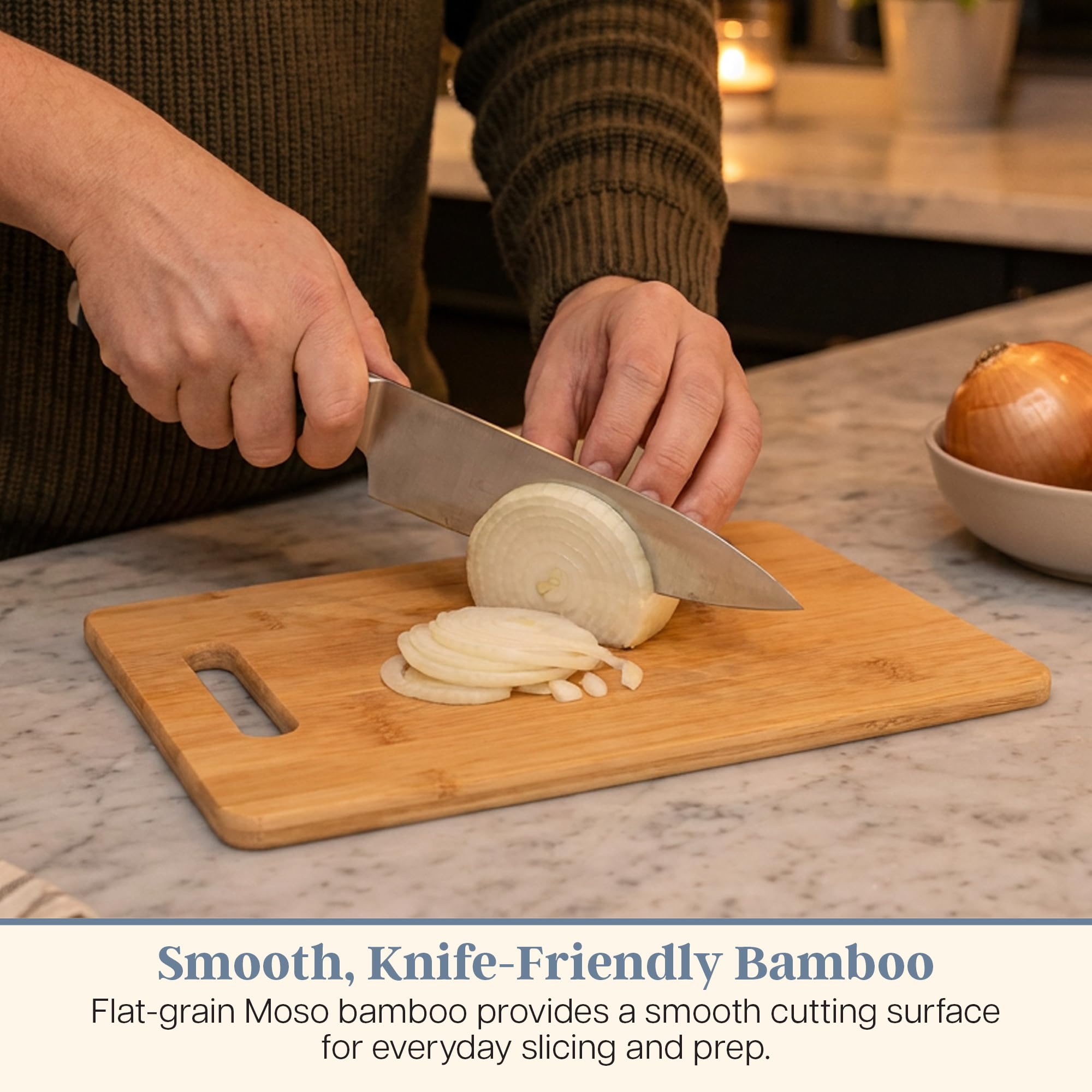 Totally Bamboo large board in use carving bread with roomy surface benefit