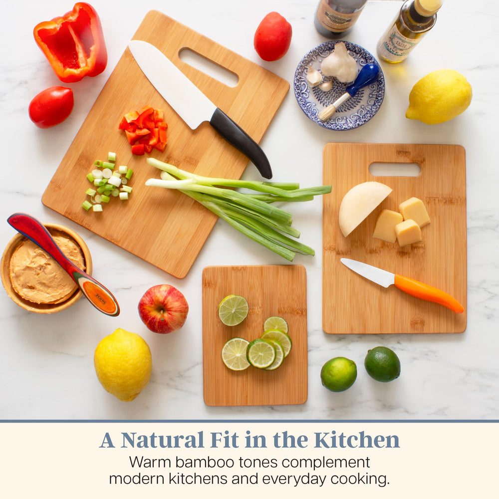 Totally Bamboo medium board slicing vegetables for quick meal prep benefit