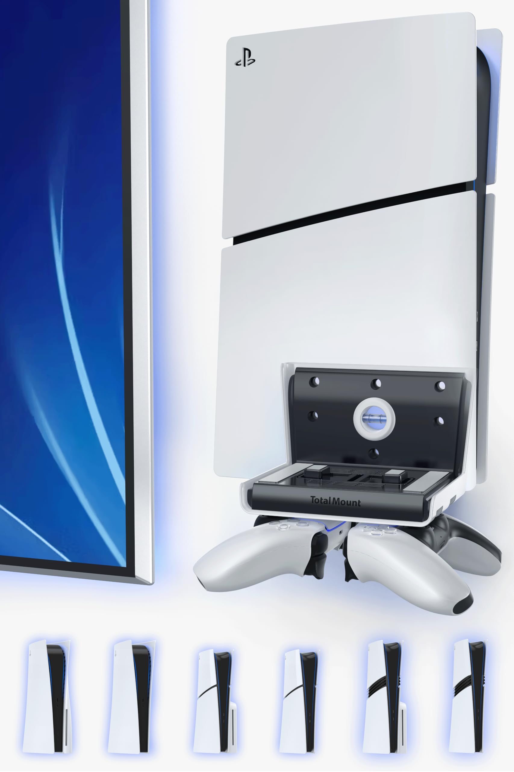 TotalMount front view of PS5 mount showing secure hold and neat display benefit
