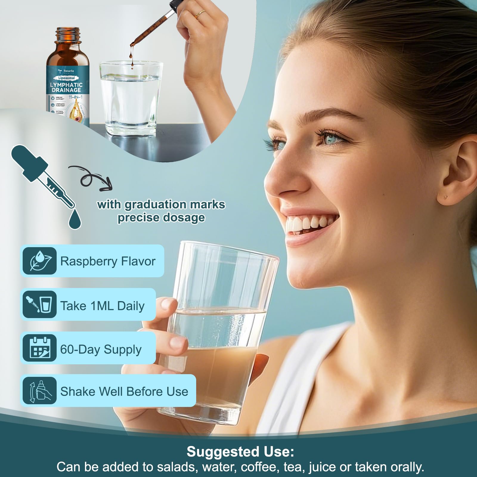 Totaria bottle beside lymphatic massager illustrating combined use
