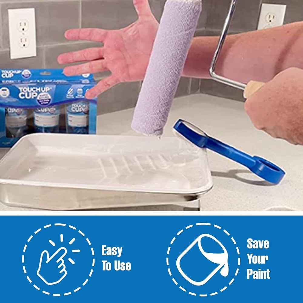 Touch Up Cup beside a one-gallon can to show compact 13 oz size advantage