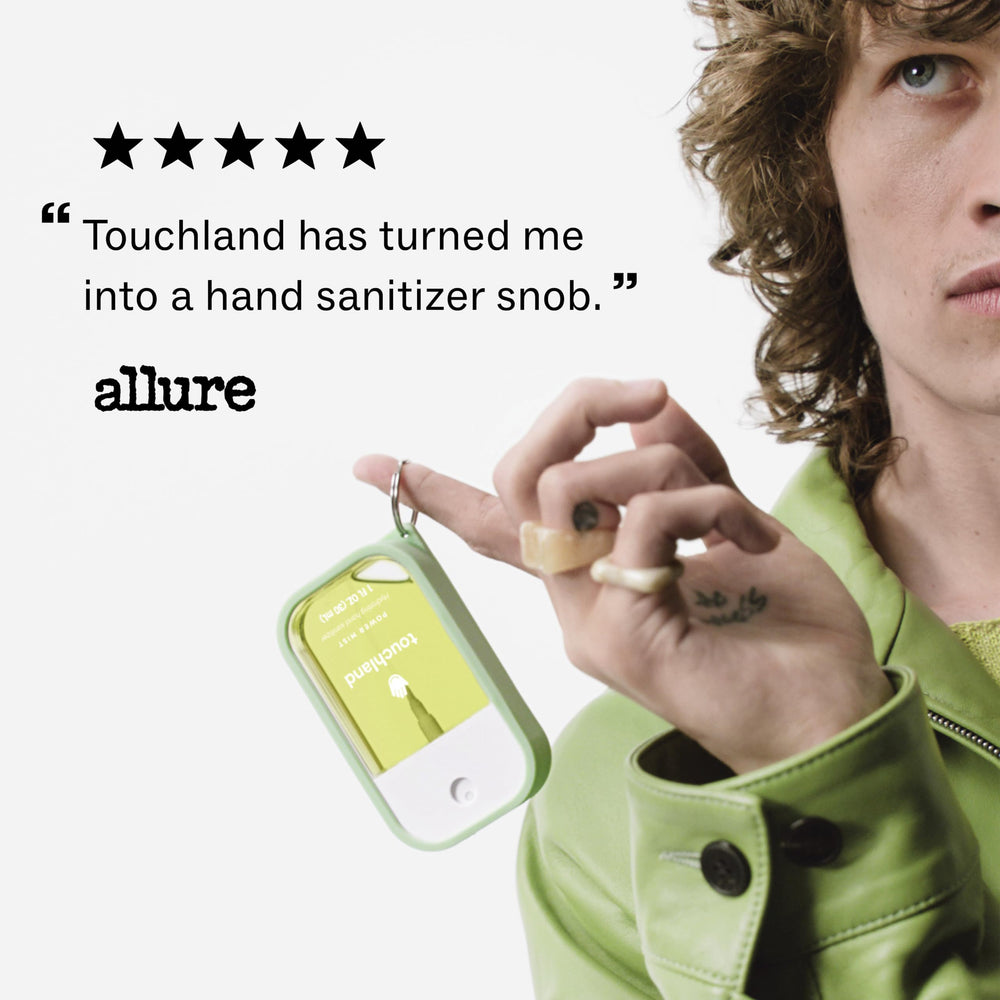 Touchland ingredients label showing aloe vera and essential oils for skin care