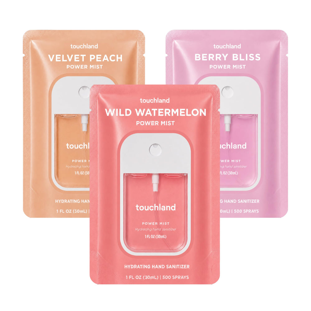 Touchland Juicy Trio packaging showing three travel bottles for convenience
