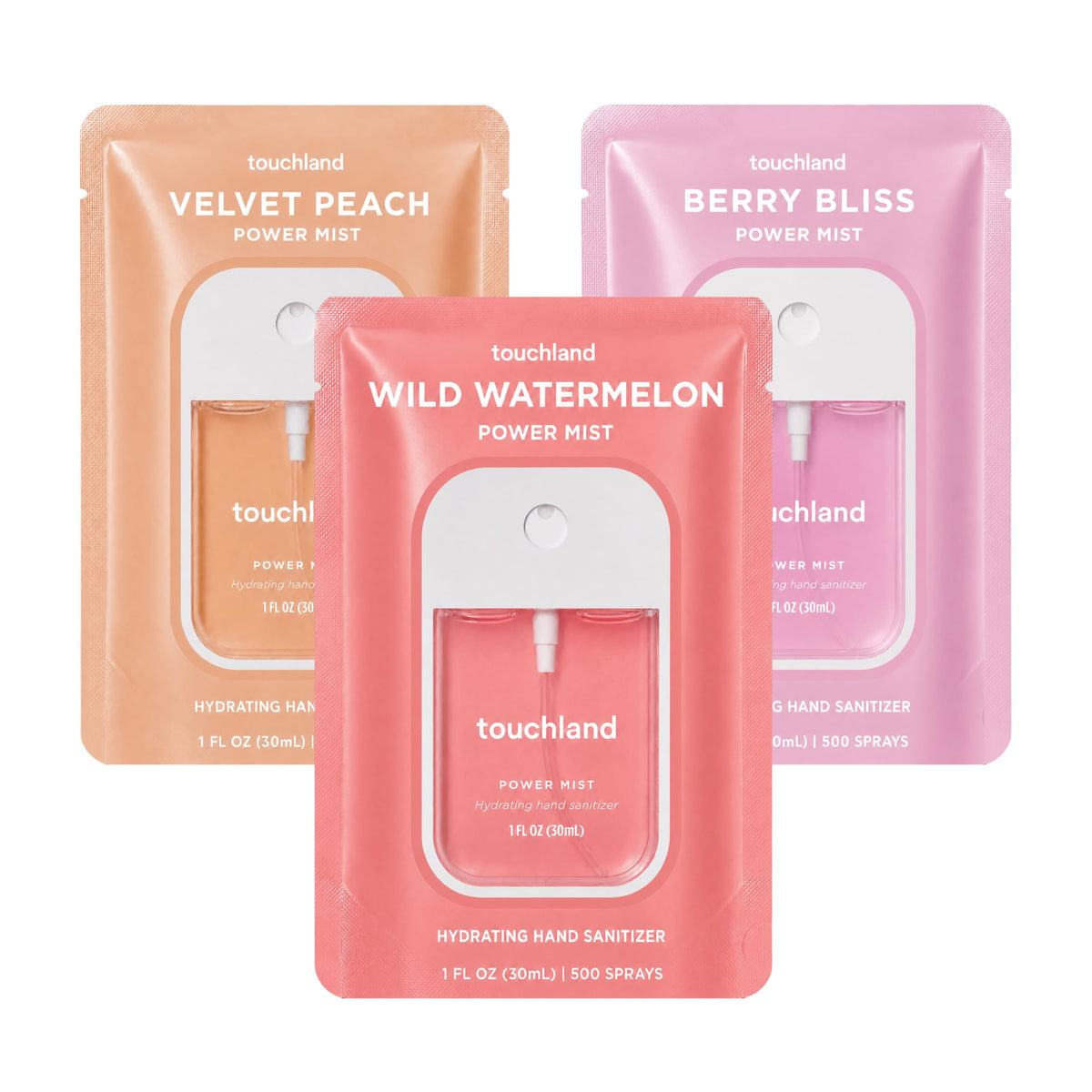 Touchland Juicy Trio packaging showing three travel bottles for convenience
