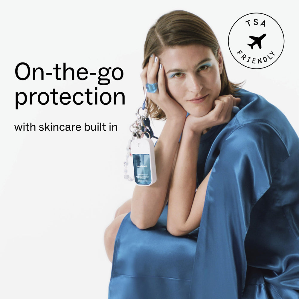 Touchland bottles styled in a travel pouch demonstrating portability and organization