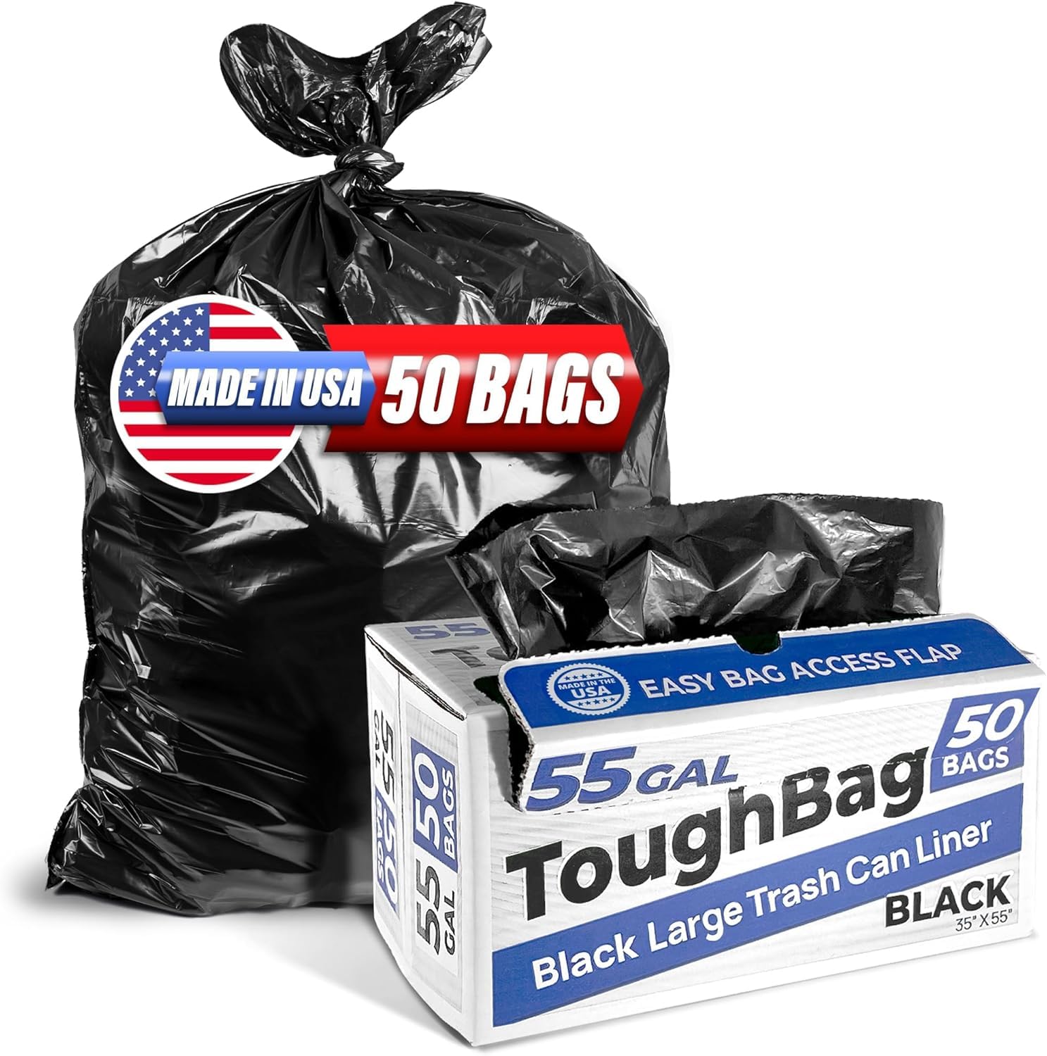 ToughBag front packaging showing 50-count, large 55-gallon capacity benefit