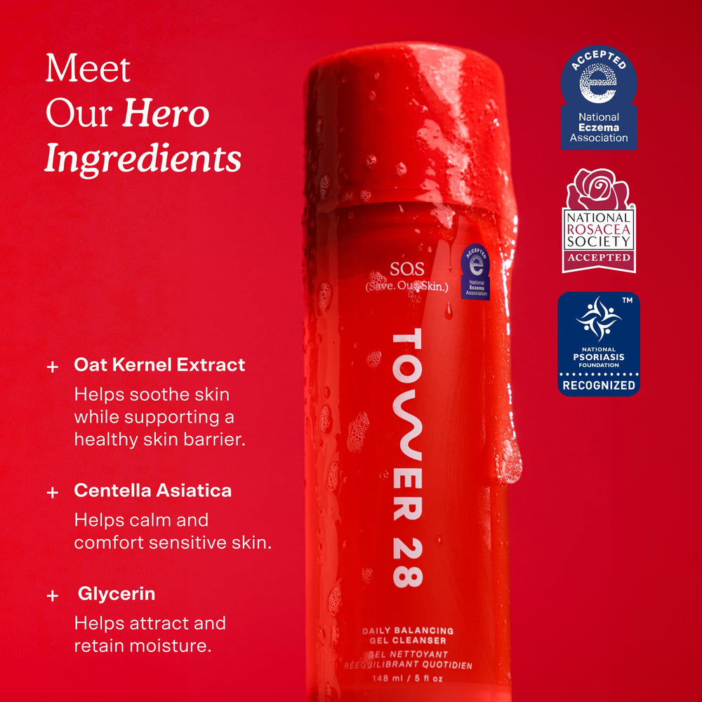 Tower 28 cleanser on bathroom counter in a calming routine setting
