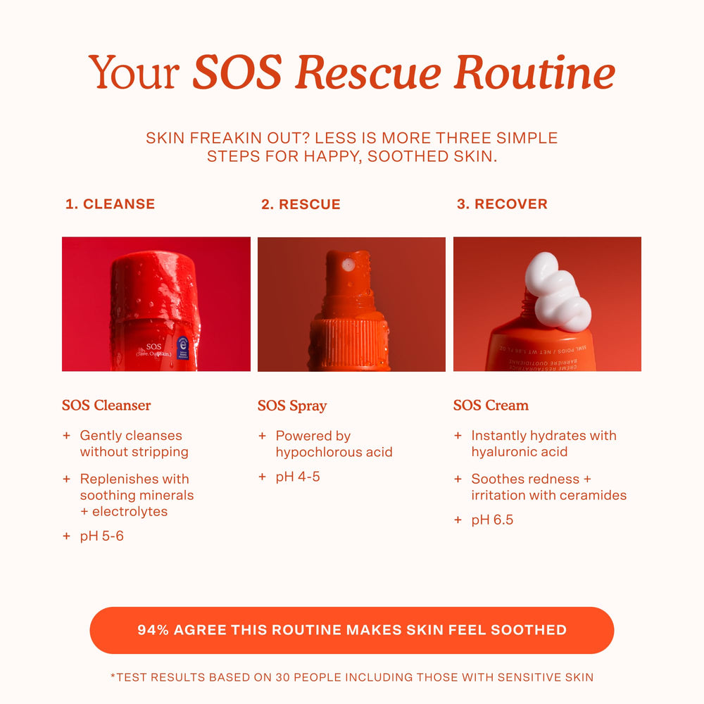 Tower 28 SOS collection displayed with spray and cream for a calming routine