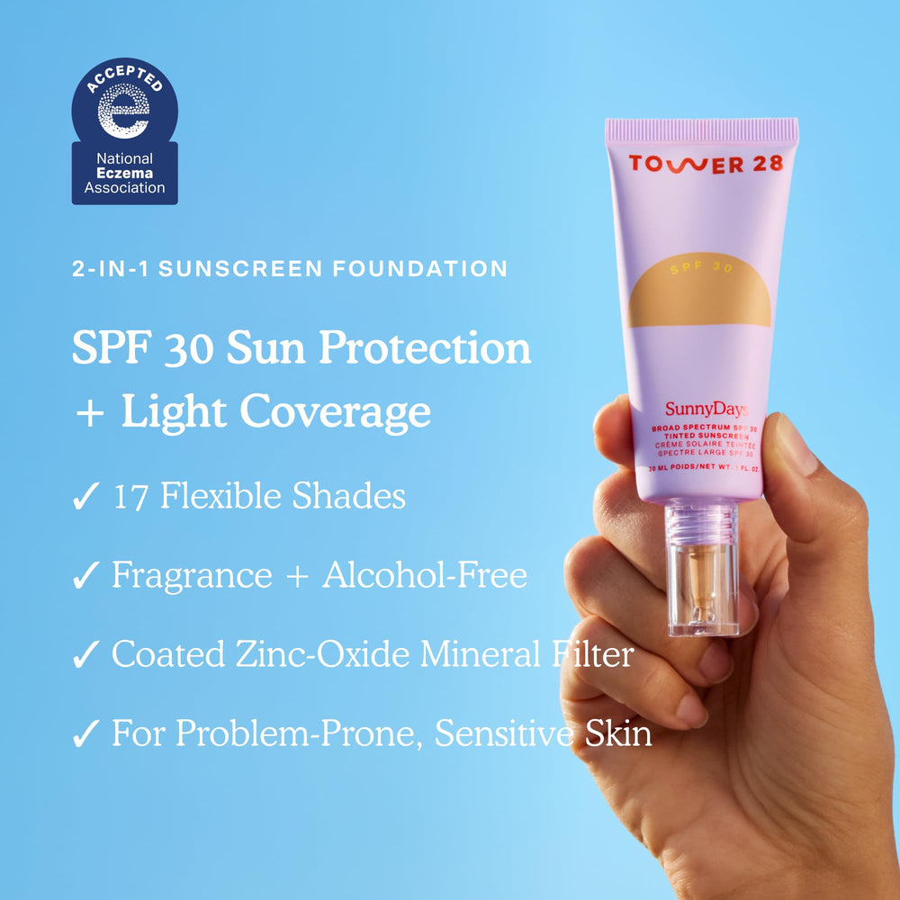 Tower 28 pump dispensing SunnyDays foundation highlighting easy application