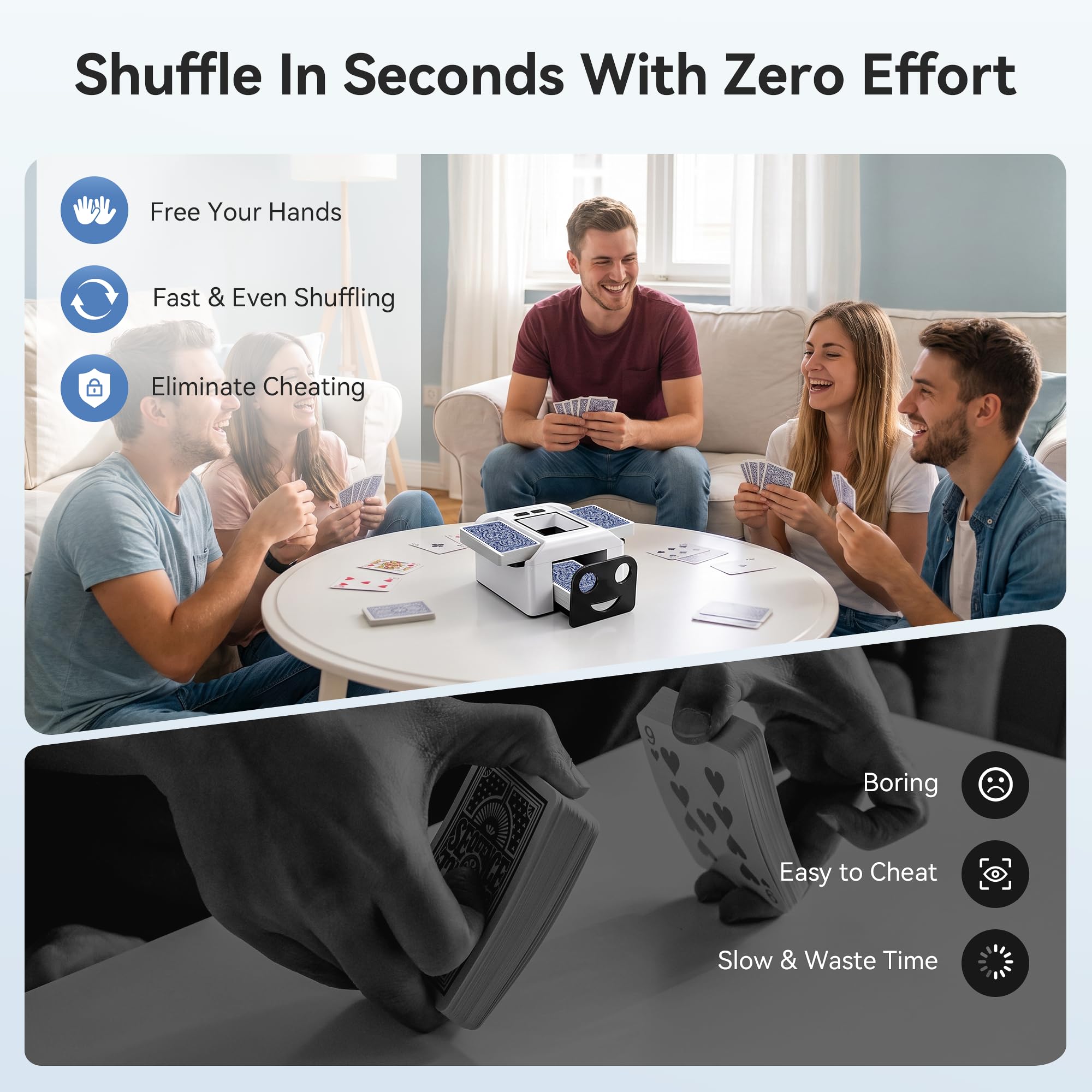 Towome shuffler held in hand showing compact size and travel convenience benefit