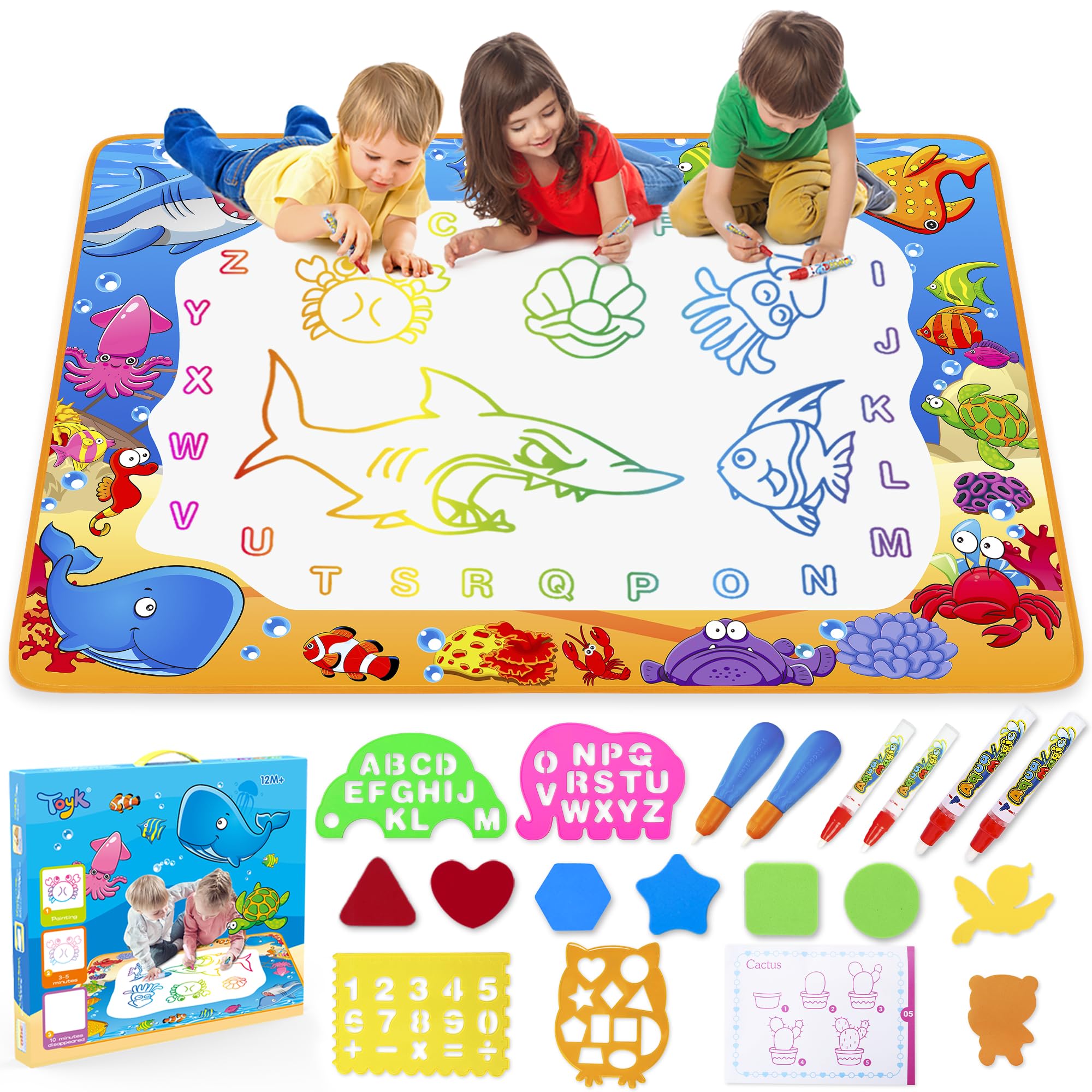 Toyk front view of mat showing ocean pattern and clear drawing area benefiting creative play