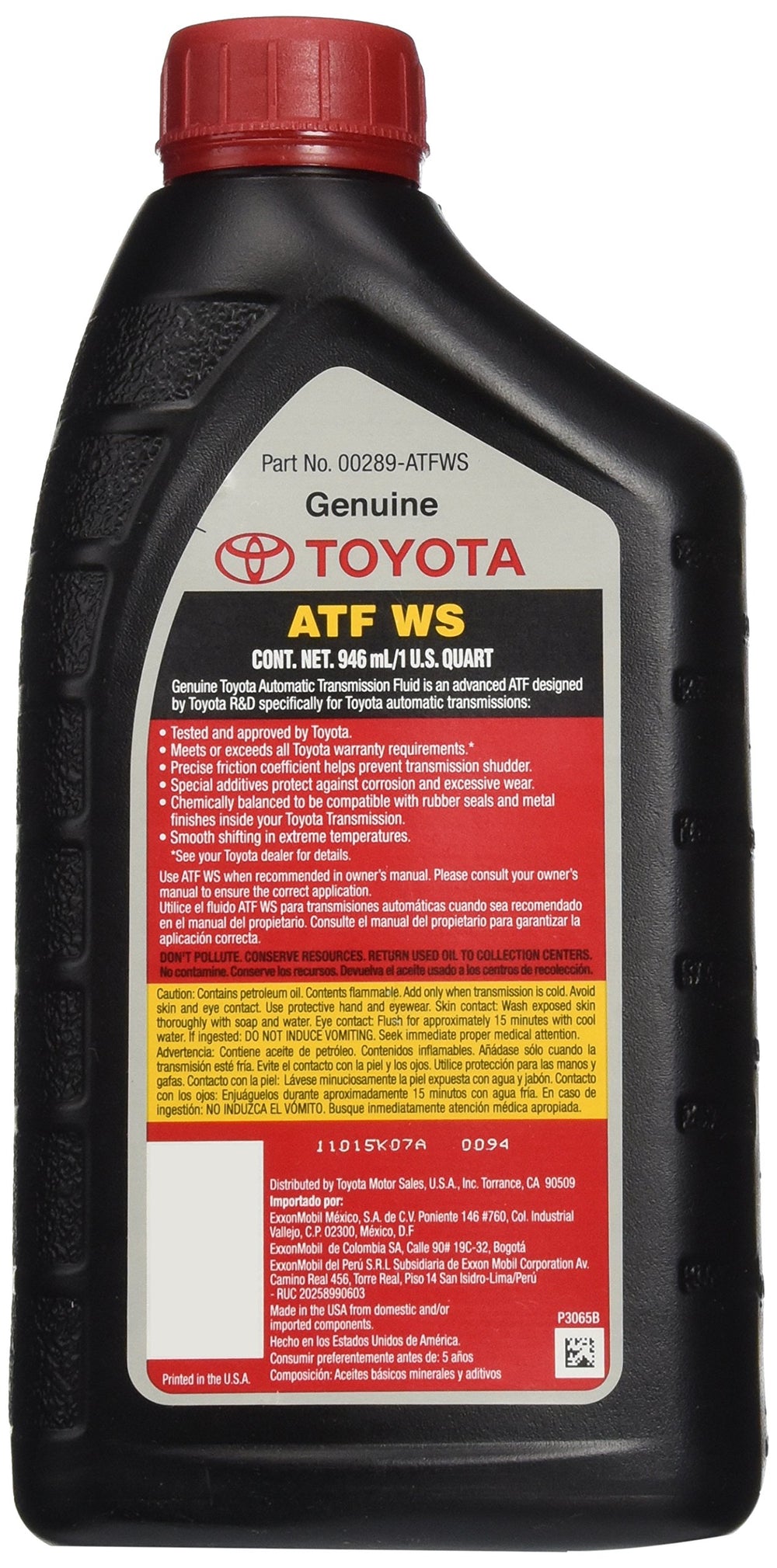 Toyota ATF WS close-up label displays part number and specification for easy verification