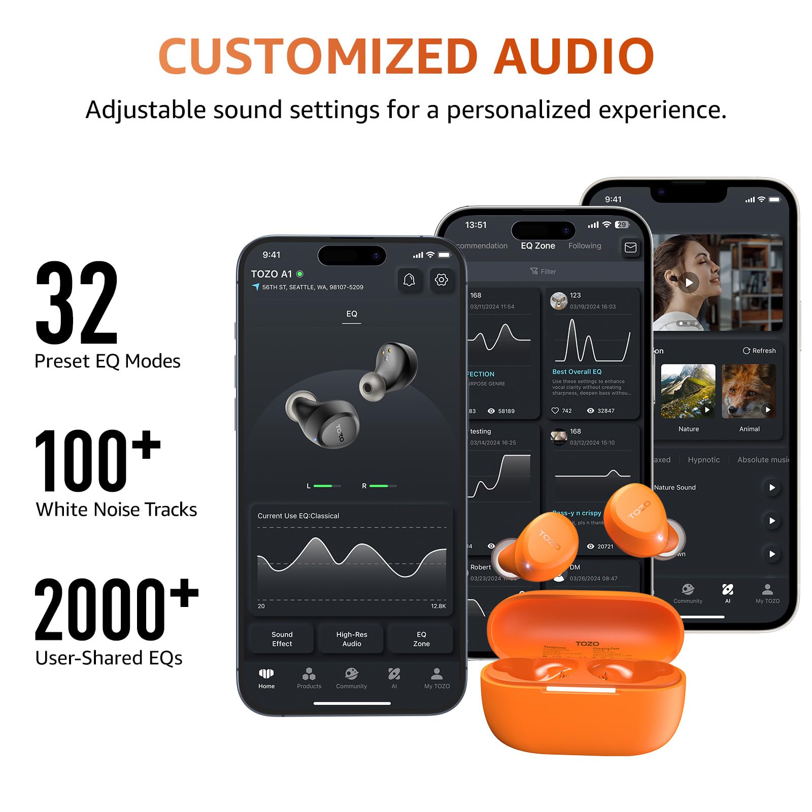 TOZO A1 app EQ screen showing 32 presets for personalized audio