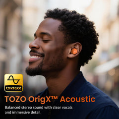 TOZO A1 charging case open with earbuds inside, showing battery convenience